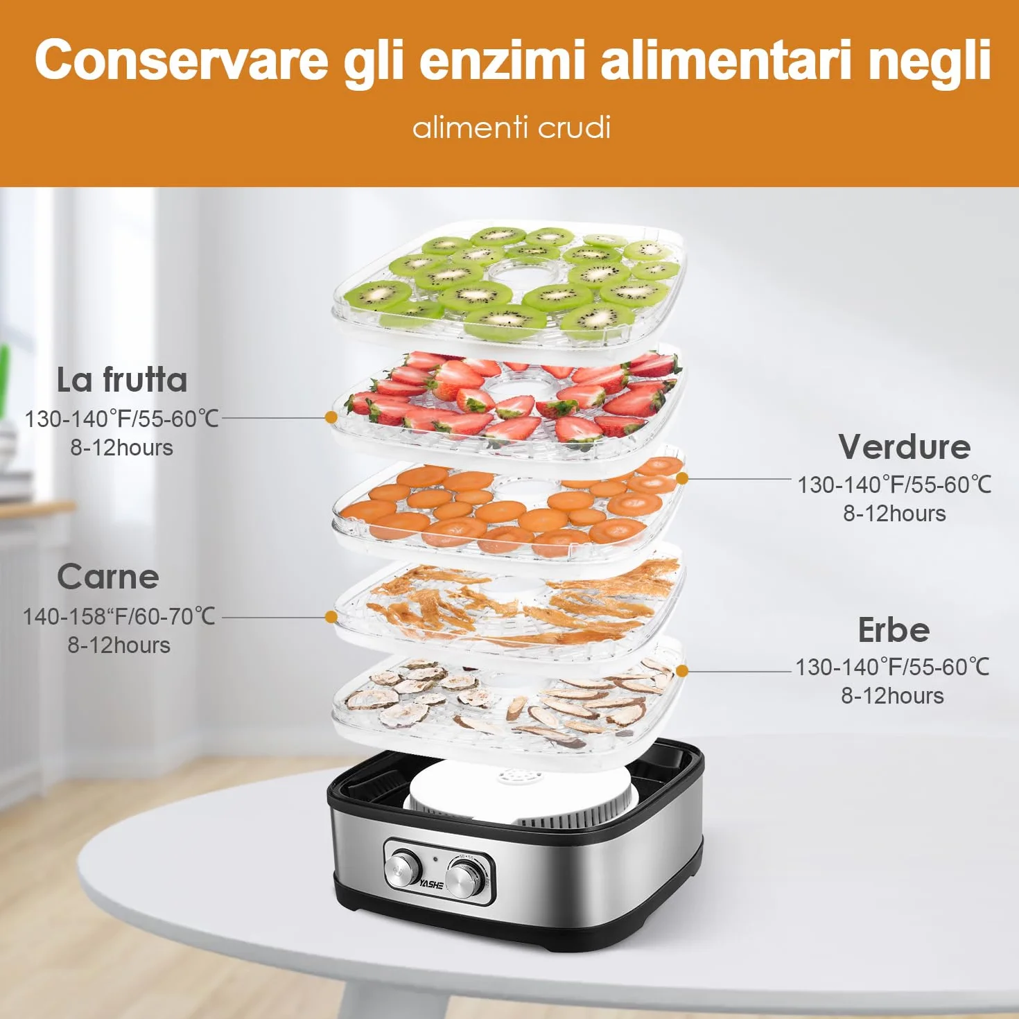 YASHE GGJ-261A Essiccatore Alimentare, 5 Vassoi Regolabili in Altezza, Controllo della Temperatura da 35 a 70°C, Essiccatore Frutta e Verdura da 240 Watt, Senza BPA