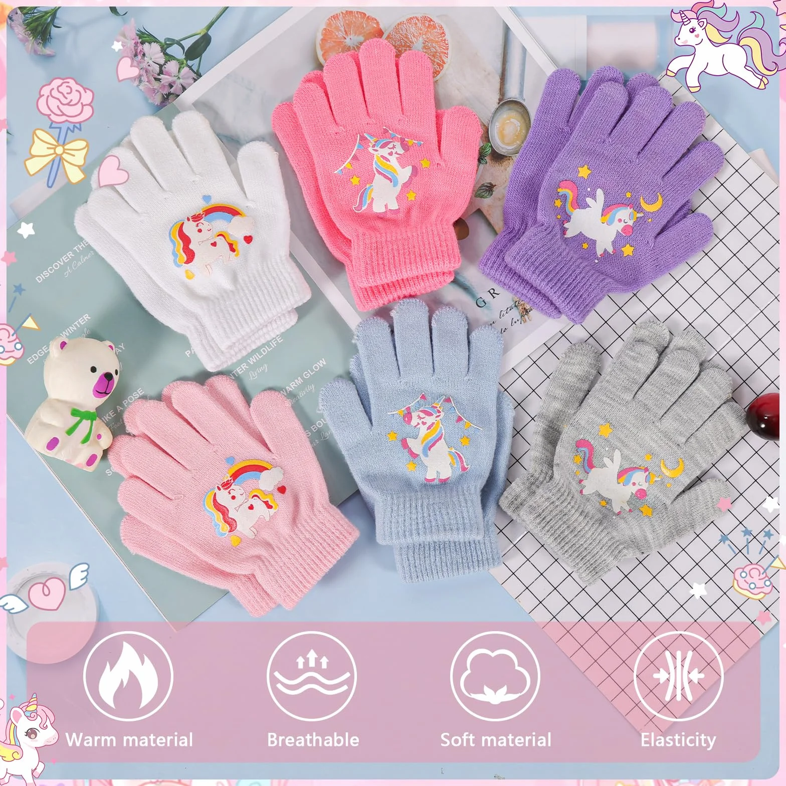 Guanti Invernali Termici Unicorno per Bambini Muffole Magiche a Dita Intere Elastici 4-12 Anni