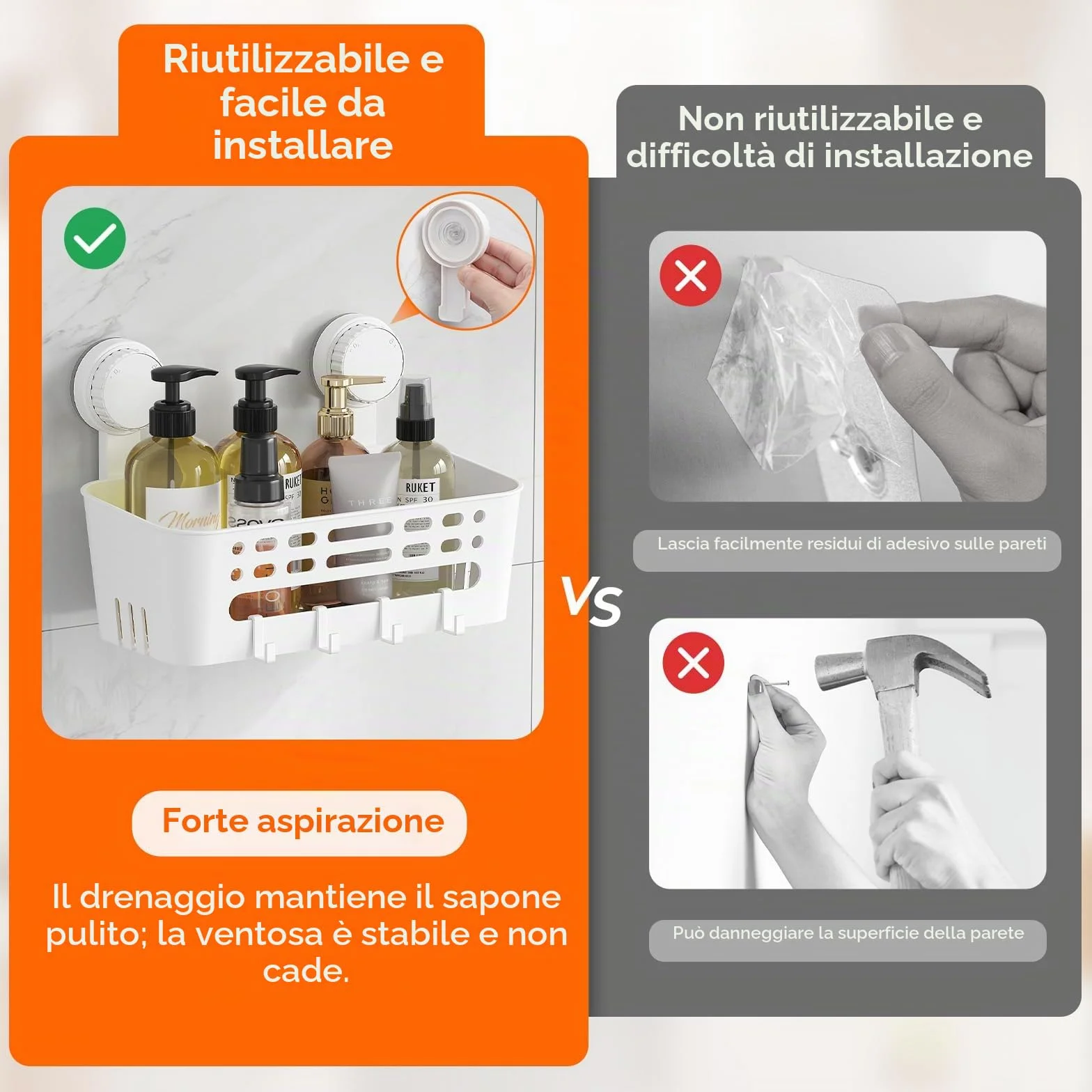Lifewit Cestino per Doccia a Ventosa da Parete 26,3 cm Mensola Doccia senza Foratura Bianco