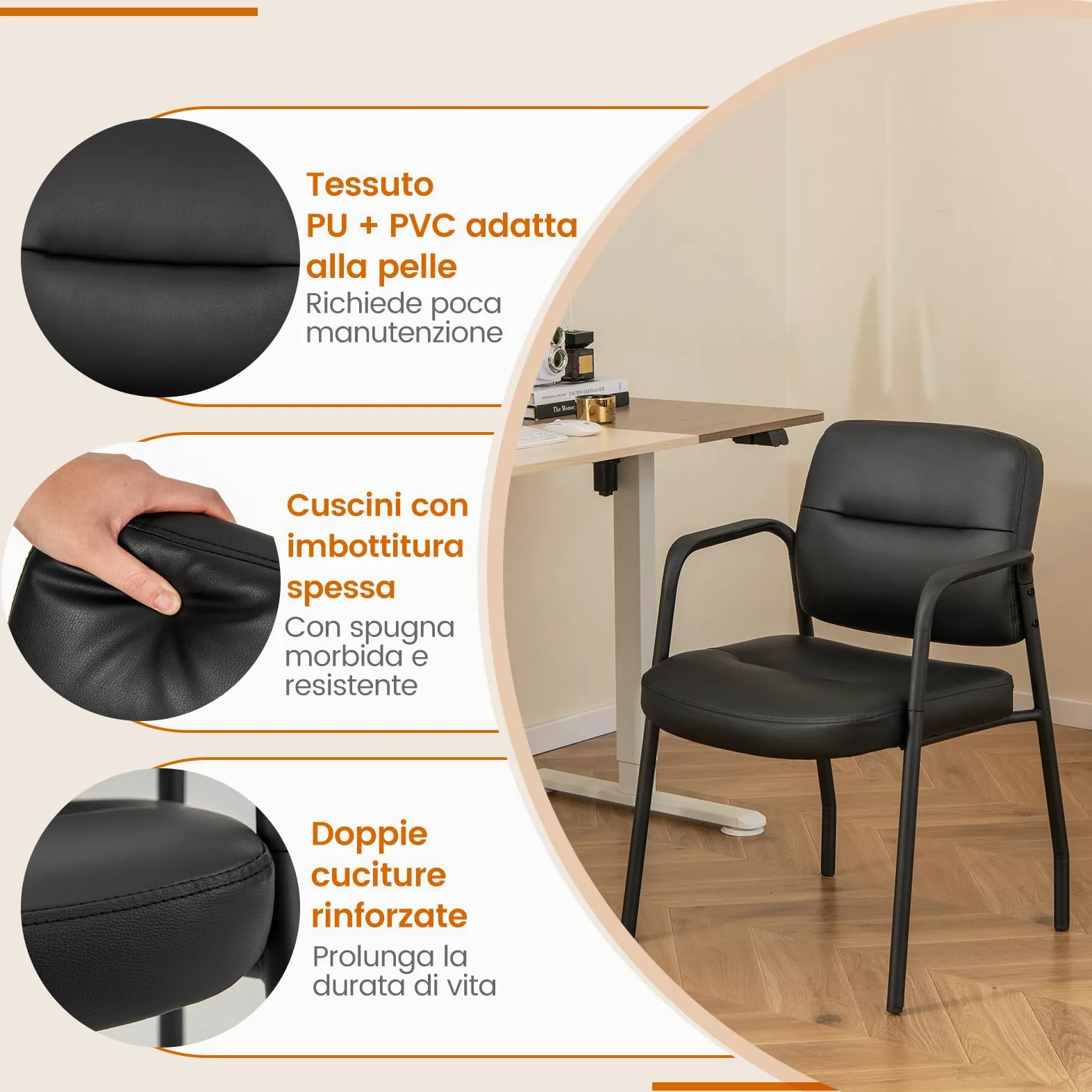 COSTWAY Set di 2 Sedie da Sala d'Attesa Imbottite, Sedie da Conferenza con Braccioli, con Gambe in Metallo, Sedie da Ufficio Portata 160 kg, 58 x 56 x 81 cm