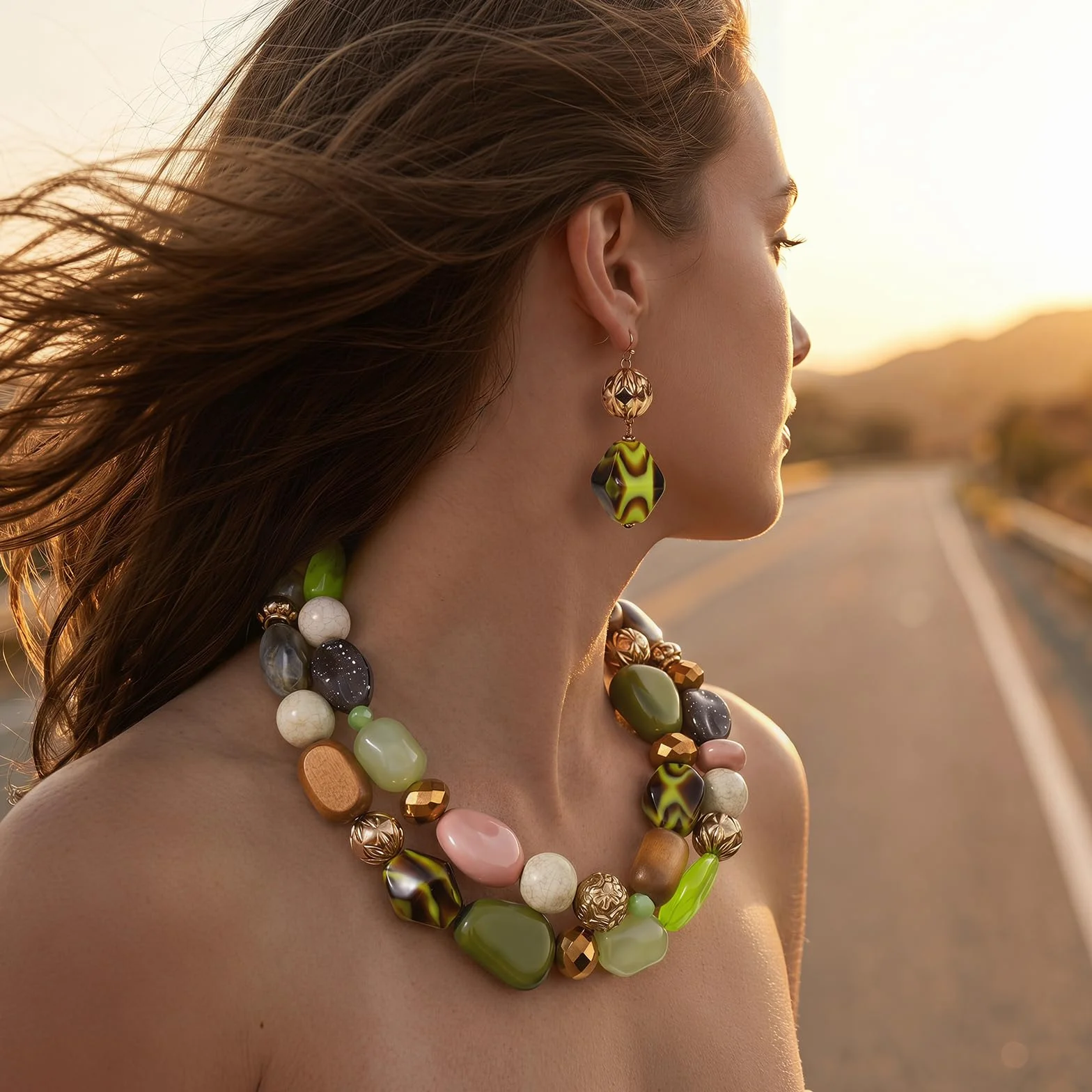 Bocar Collana a 2 strati con perline grosse alla moda, idea regalo per donne, Legno Vetro Resina Acrilico, Nessuna pietra preziosa (NK-10384)