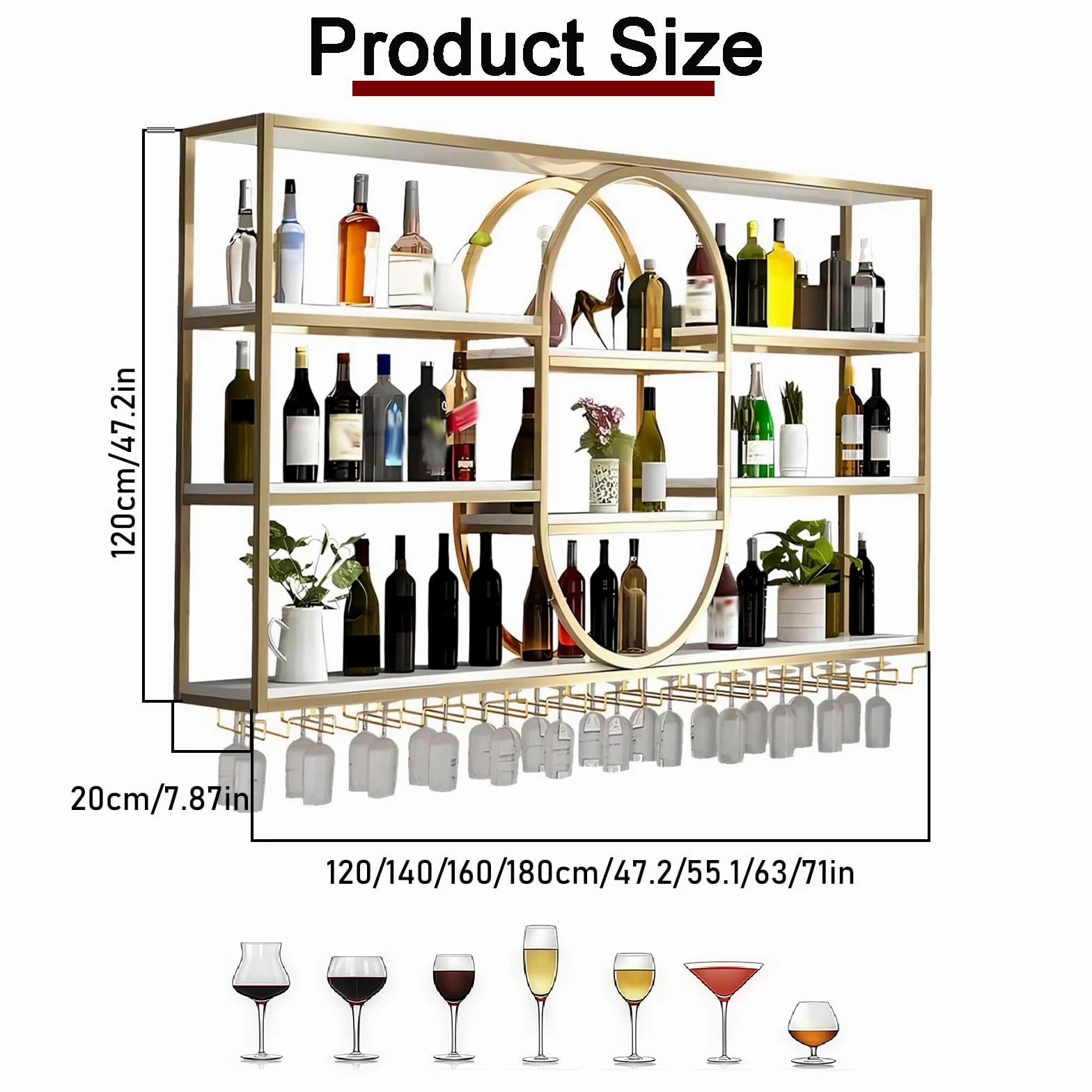 140CM Portabottiglie da parete grande, portabottiglie sospeso in metallo a 4 ripiani con ripiani per bicchieri, mensole sospese moderne per la decorazione di bar e sala da pranzo (Oro)