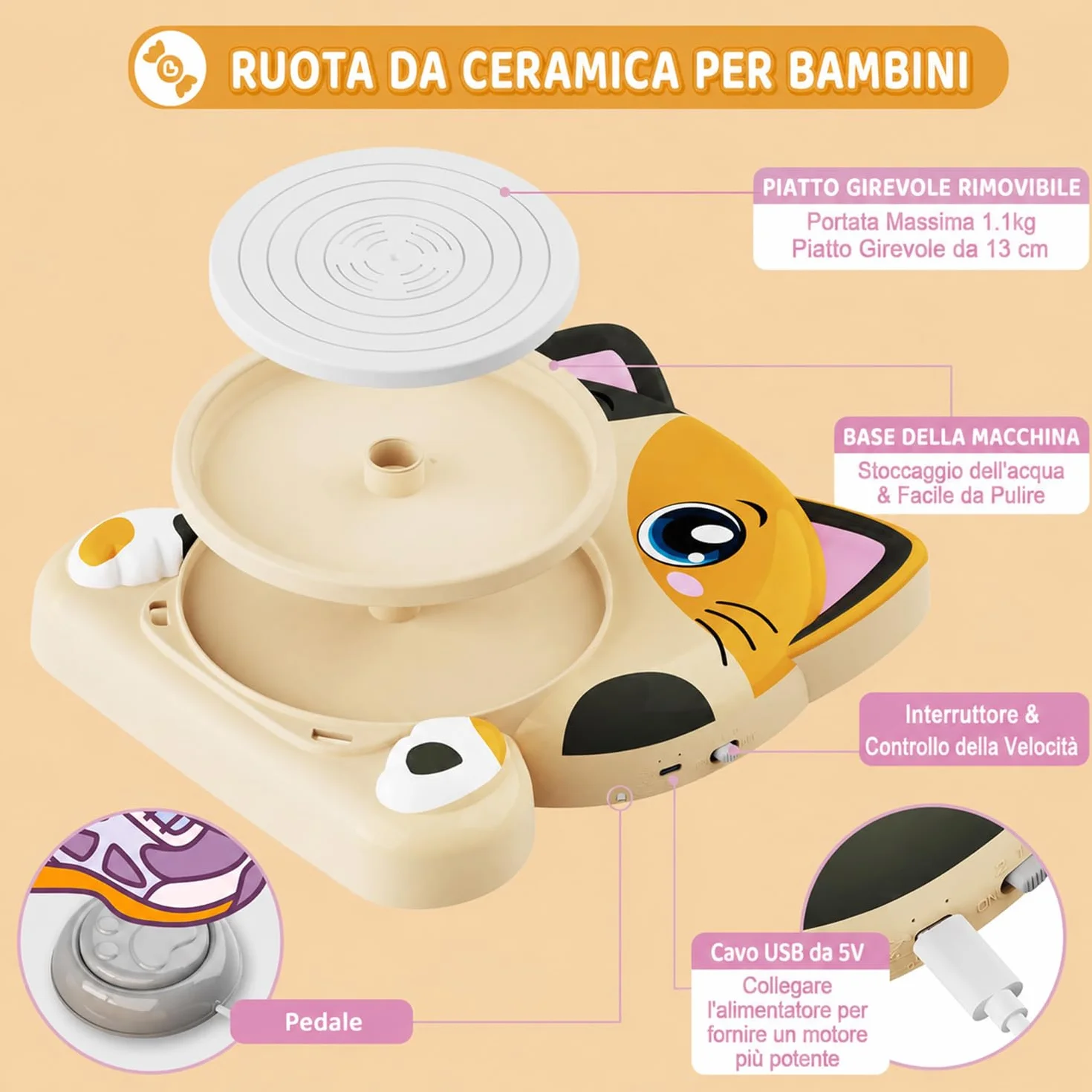 Tornio per Ceramica per Bambini Kit Completo Principianti Set Creativo 6+ Anni 3x Argilla Asciugatura all'Aria Fai da Te Regalo Pasqua