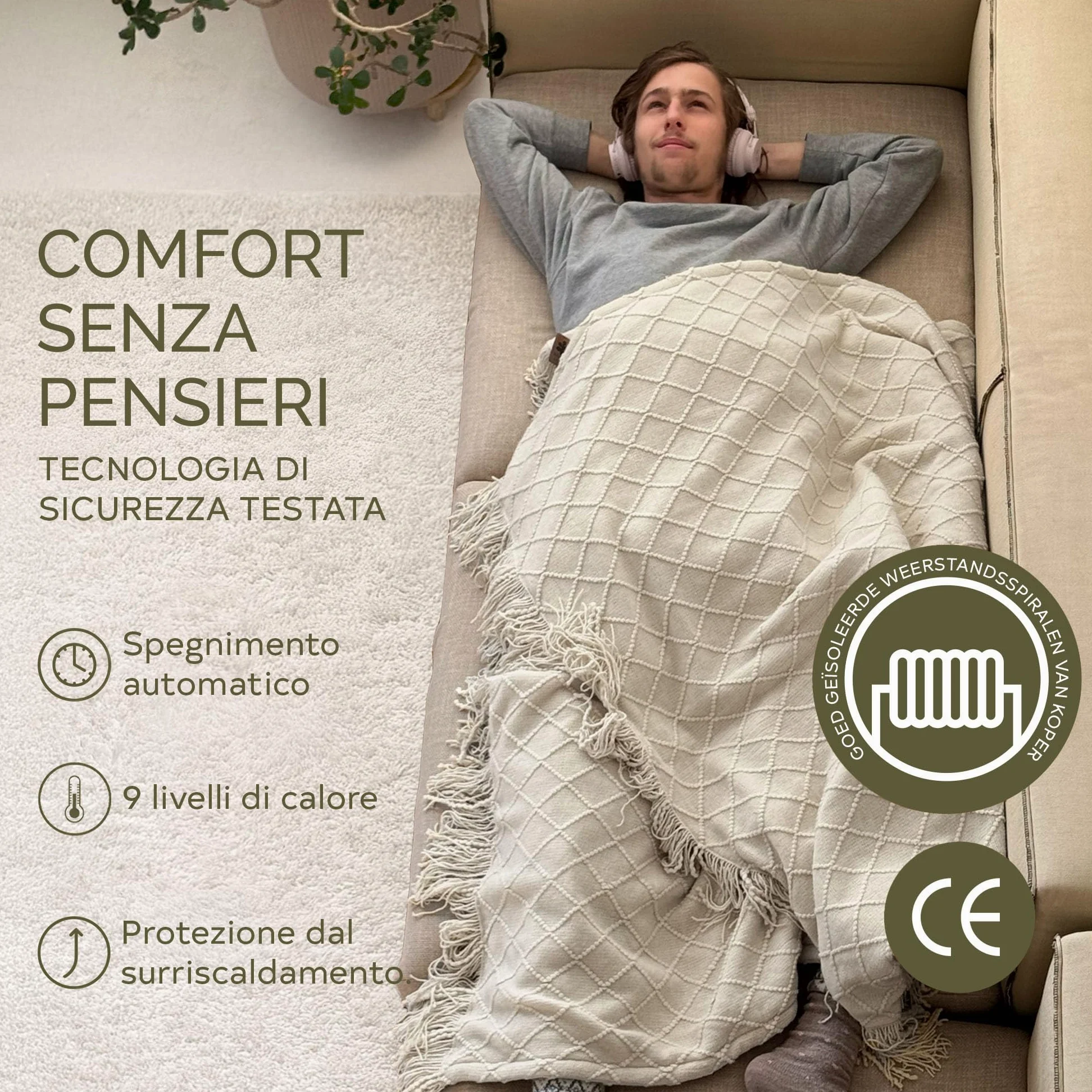 Groenland BOHEM - Coperta elettrica riscaldata, 180 x 130 cm, 9 livelli di calore e timer per spegnimento automatico, morbida coperta elettrica lavabile per divano e letto