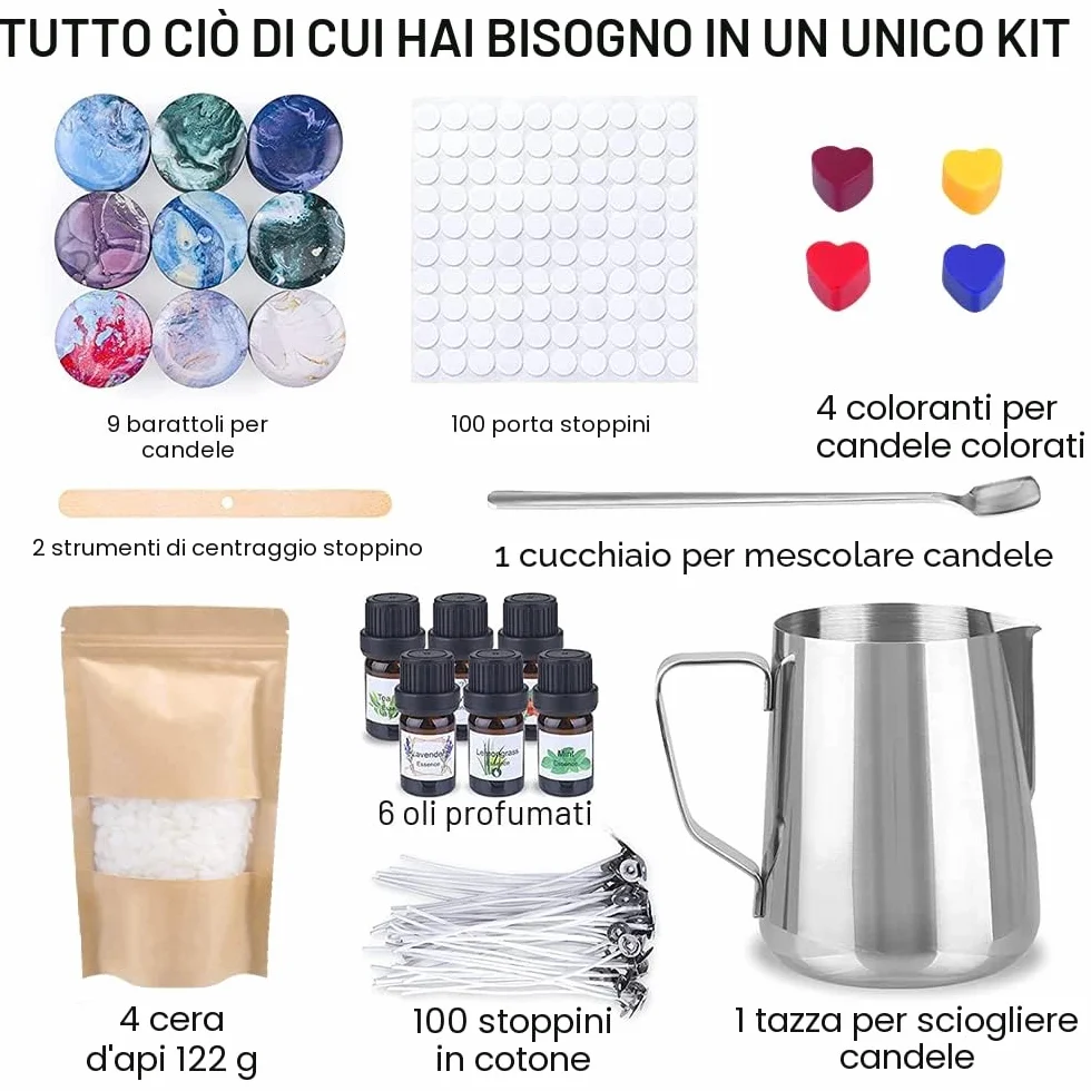 SUPERSUN Kit Fabbricazione Candele, 480g Cera d’api Naturale, 100 Stoppini Cerato, 9 Barattoli Latta