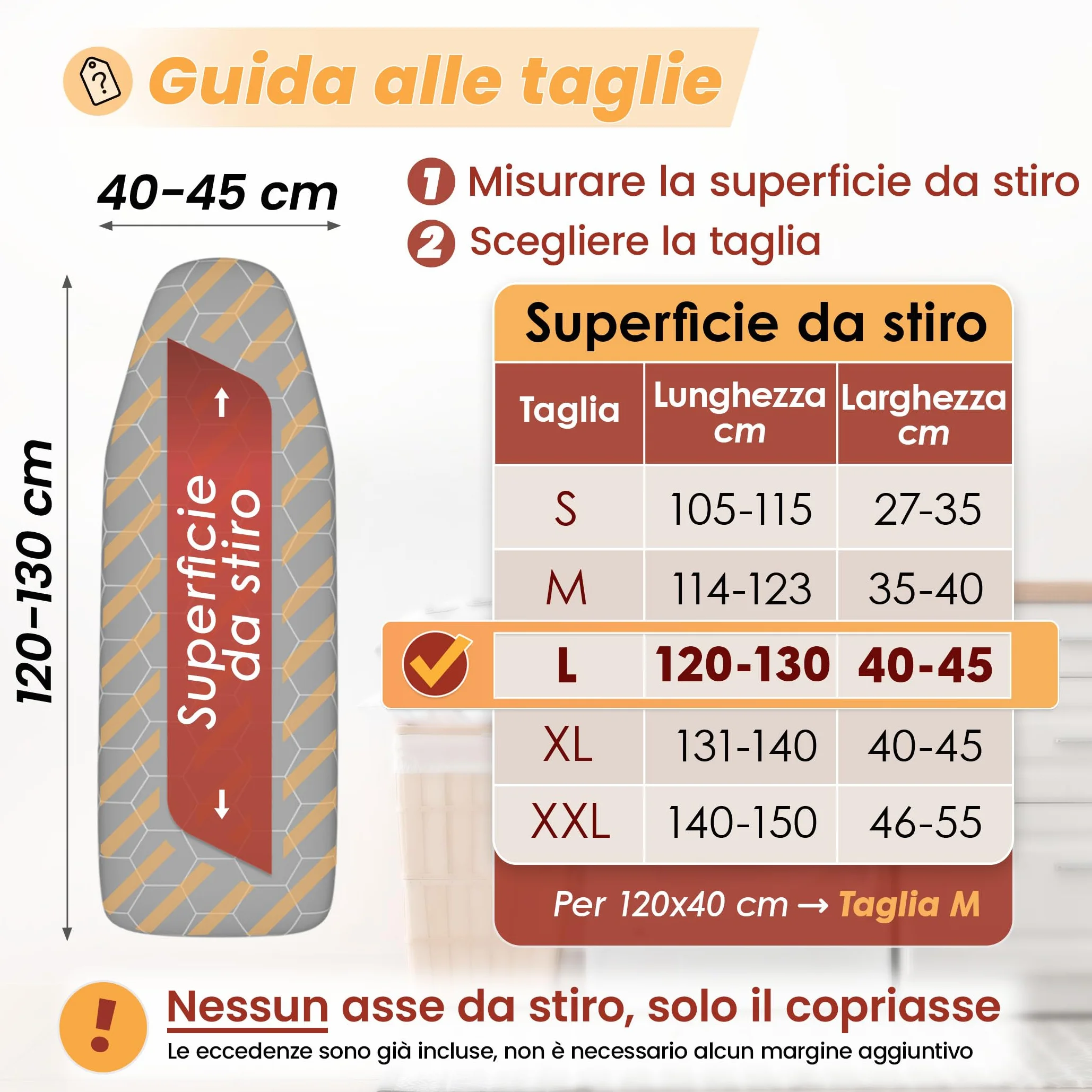 Copriasse Da Stiro Universale 130X45 CM per Ferro Da Stiro a Vapore, Copertura Asse Da Stiro Con Coulisse in Gomma, Rivestimento in Alluminio Termoriflettente, Resiste al Vapore (L) Made in Germany