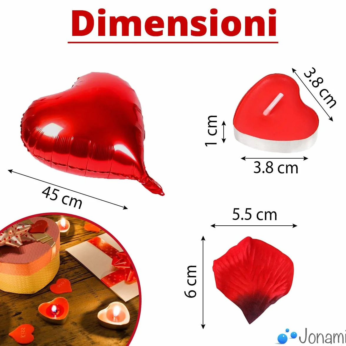 Kit Romantico di 50 Candeline a Forma di Cuore + 1000 Petali di Rosa di Seta + 5 Palloncini Rossi - Decorazioni per Matrimonio, San Valentino e Fidanzamento