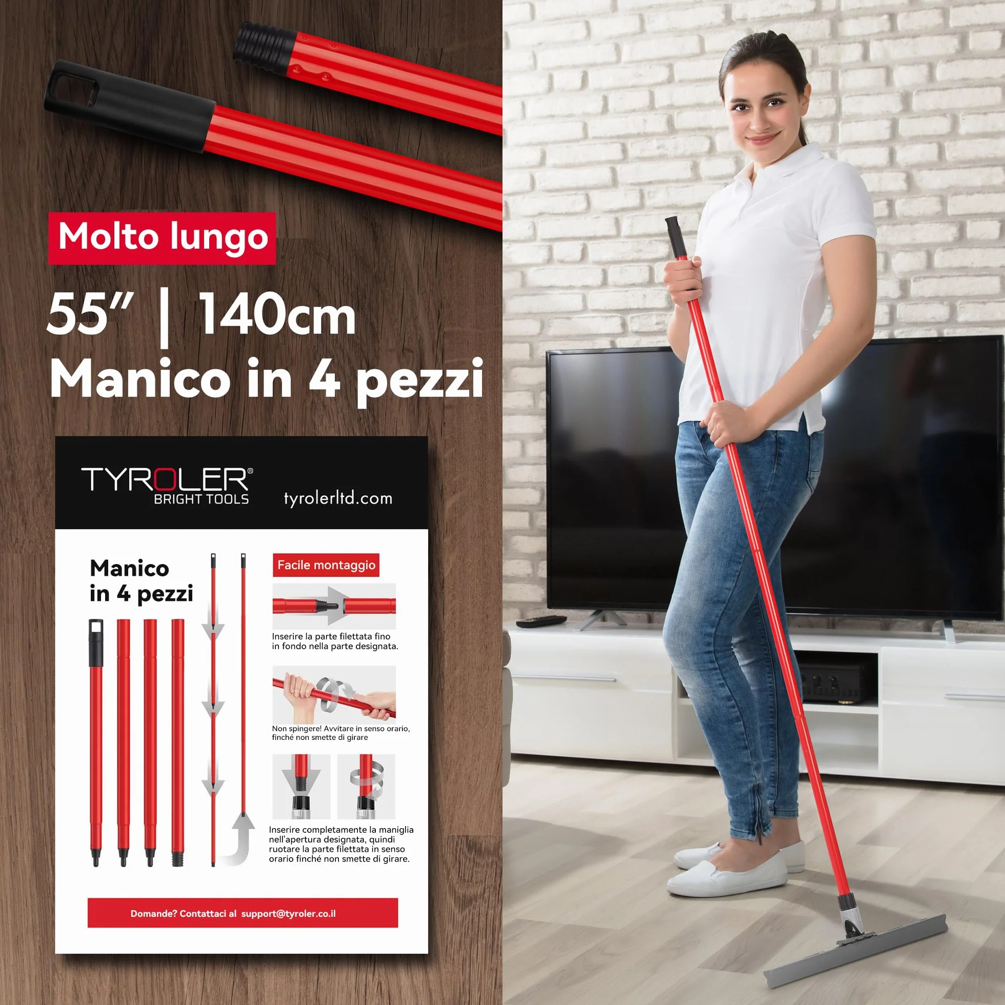 Tyroler Tira Acqua Pavimenti esterno da 45 cm | Testa in Silicone 100% | Manico Antiruggine da 140 cm tergipavimento spingiacqua | tiraacqua pavimenti esterni | tiracqua per pavimento