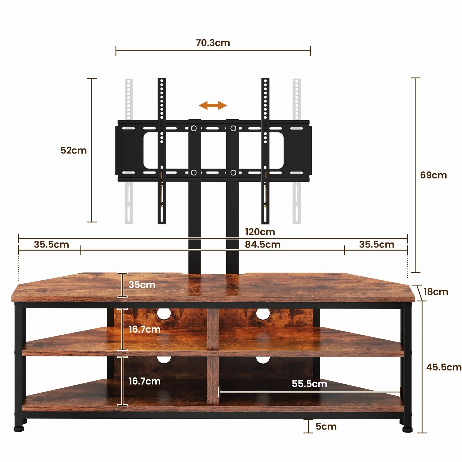 Dripex Mobile ad angolo per TV, con supporto e illuminazione a LED, mobile angolare (120 cm con supporto)