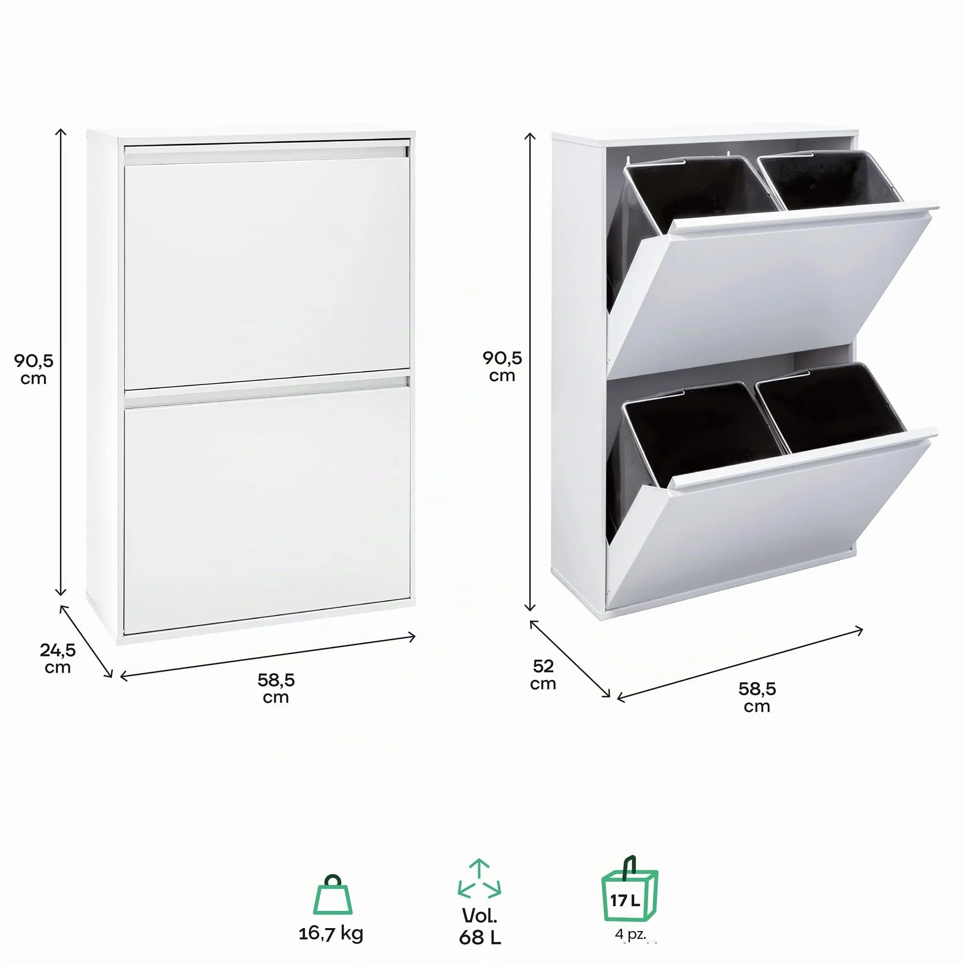ARREGUI Basic CR601-B Pattumiera Differenziata 4 Scomparti | 4x17 L (68 L) | Contenitore in Acciaio da Interno | Mobile per Raccolta Differenziata | Cestino per Spazzatura da Cucina e Ufficio | Bianco