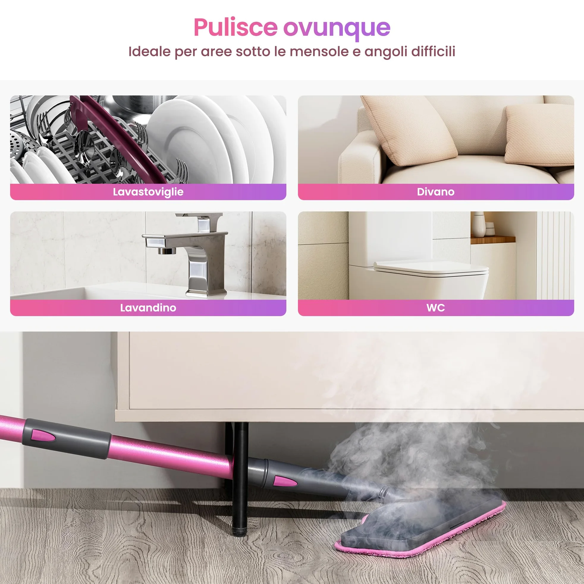 Schenley scopa a vapore 19-in-1 con vaporetto staccabile, design a doppio tubo per pavimenti, piastrelle, pareti e fughe, completo di accessori