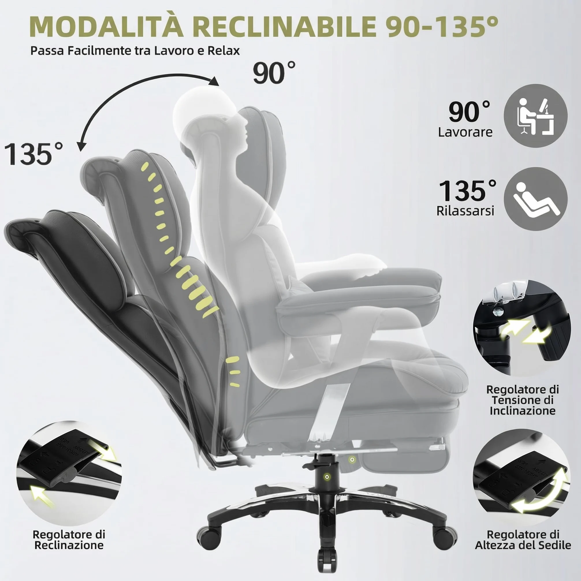 Efomao Sedia ufficio in pelle PU con ricamo X, grande e alta, schienale alto regolabile, sedia da gioco computer, girevole executive 200 kg, poggiapiedi e supporto lombare