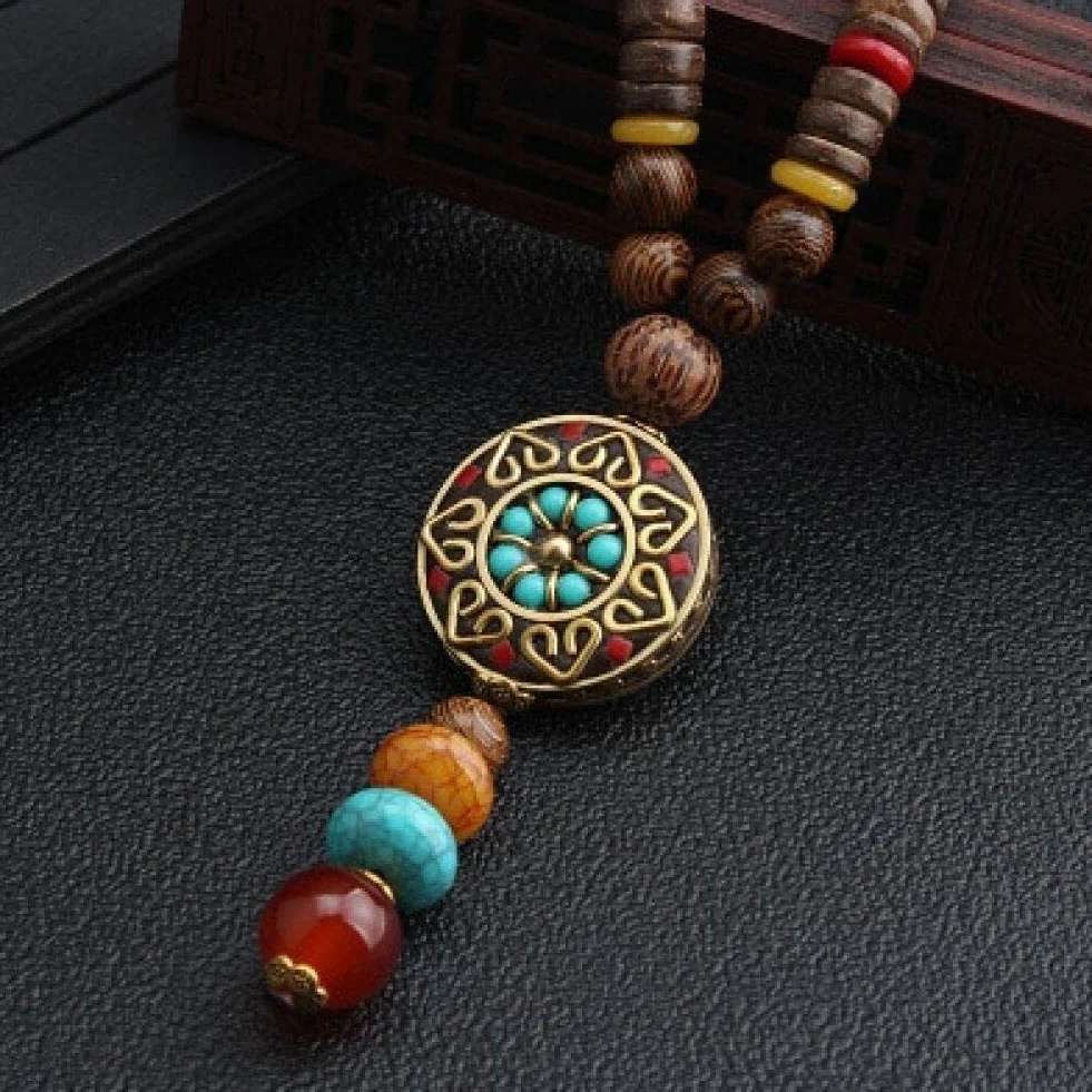 Collane di Perline in Legno Collana Vintage Etnica Fatta a Mano Nepal Meditazione Preghiera Maglione con Collana Lunga con Ciondolo
