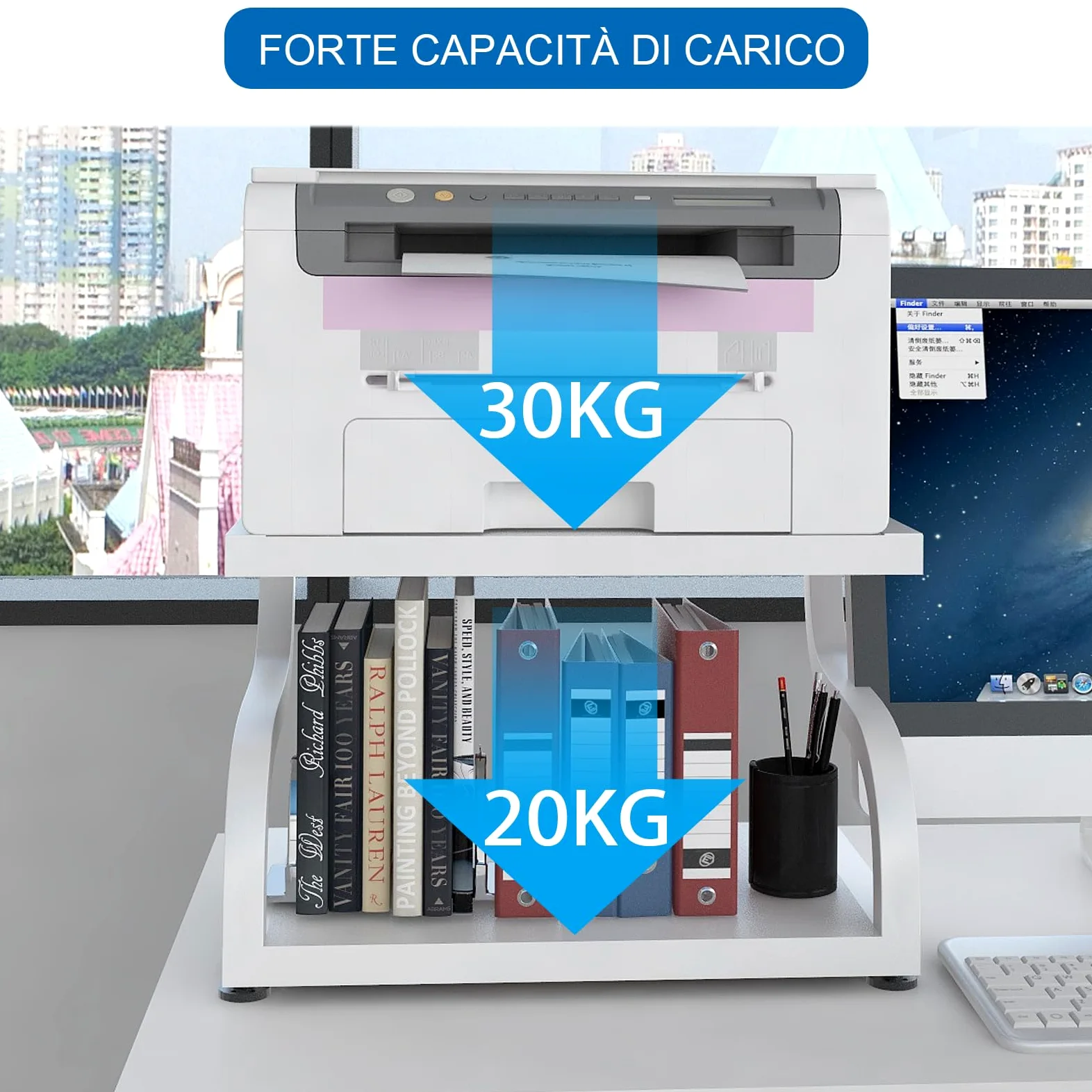 PUNCIA Supporto per Stampante da Tavoloa 2 Livelli 44x28x30CM Porta Stampante Tavolo da Lavoro Antiscivolo per Organizer da Tavolo,Vassoio a due Livelli per Forno a Microonde Bianco