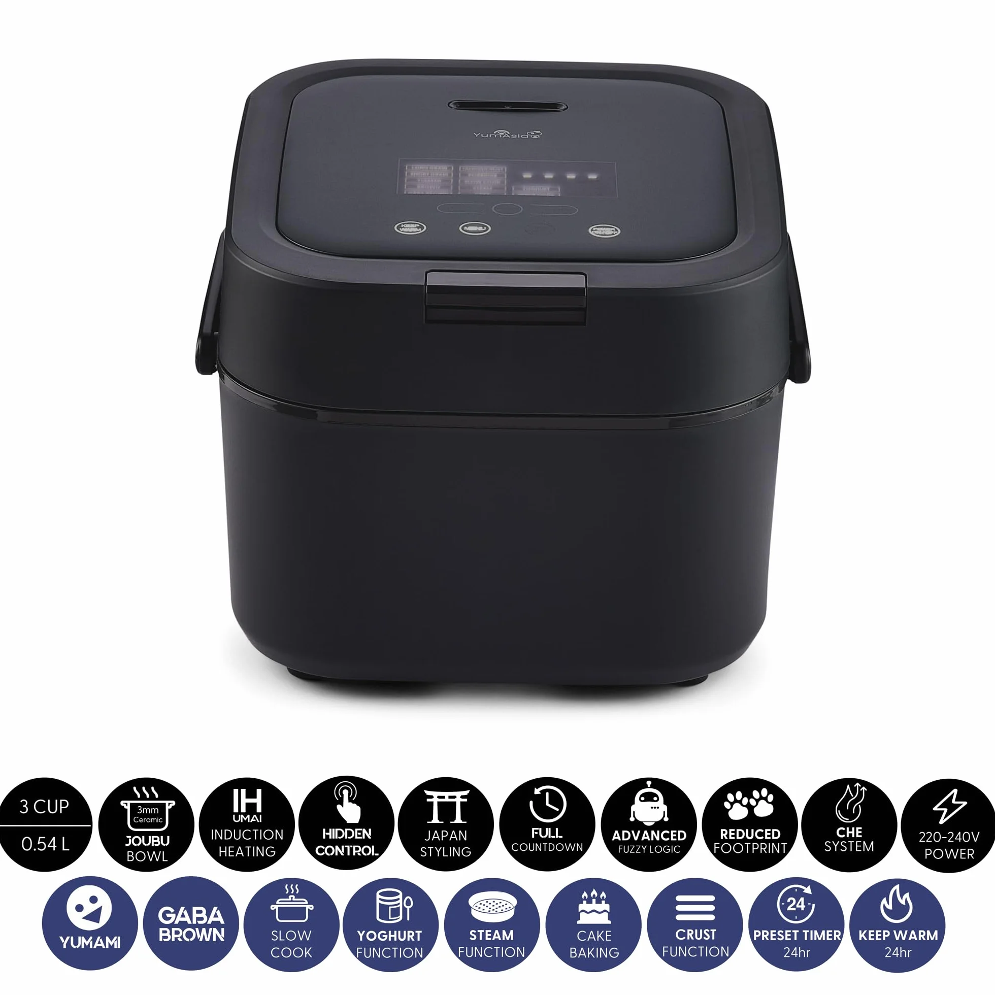 Yum Asia Hotaru Cuociriso a induzione (IH) con ciotola in ceramica (3 tazze, 0,54 litri), 7 funzioni di cottura del riso, 5 funzioni multicooker, 220-240V UE