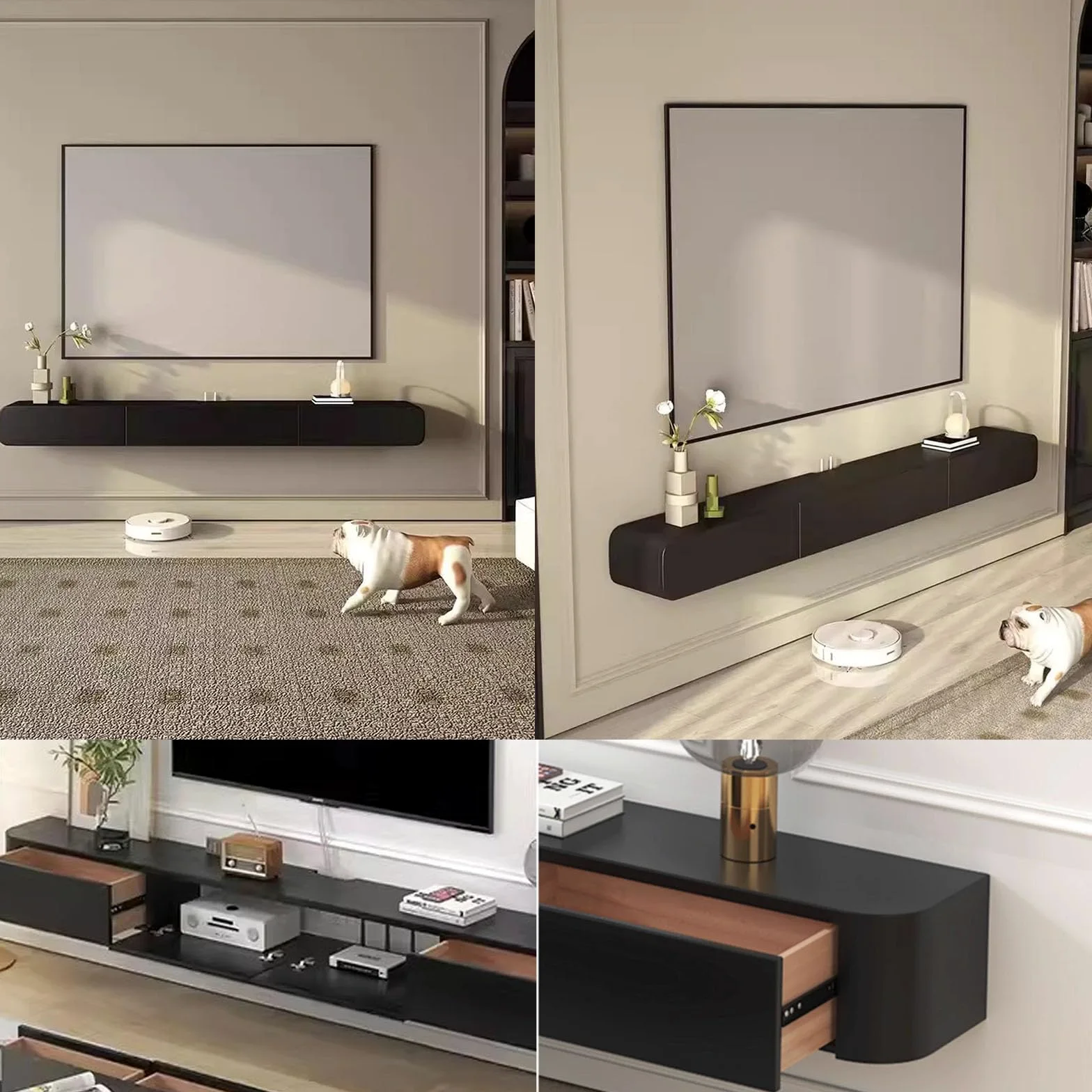 Supporto TV Sospeso in Legno Massello per Soggiorno Casa - Tavolino Supporto TV 140, 160, 180, 200, 220, 240 cm, Diverse Dimensioni (Nero, 220 x 20 x 24 cm)