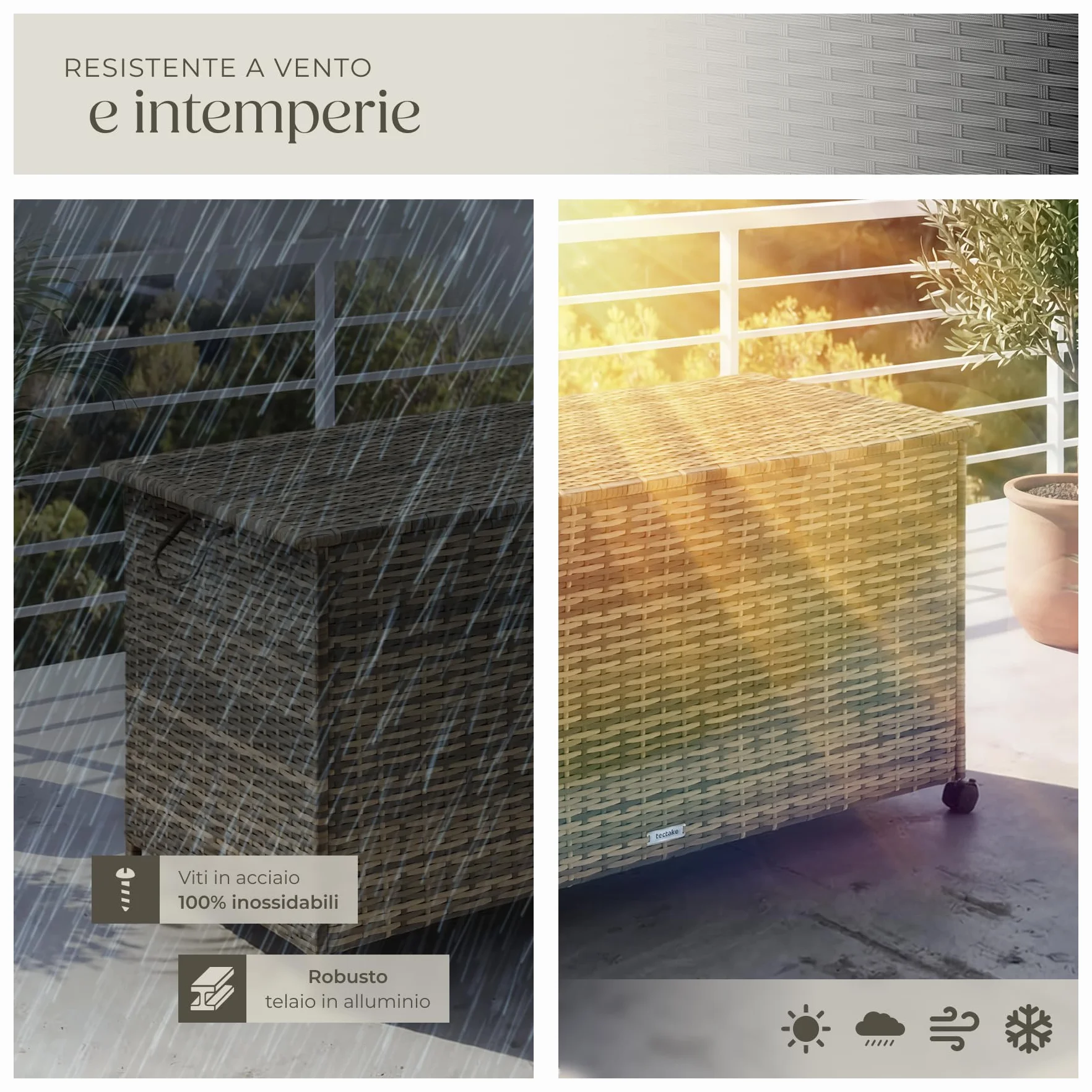 tectake Box Contenitore da Esterno 116x54x64 cm 253 L Polyrattan Alluminio Coperchio Rinforzato Rotelle Girevoli