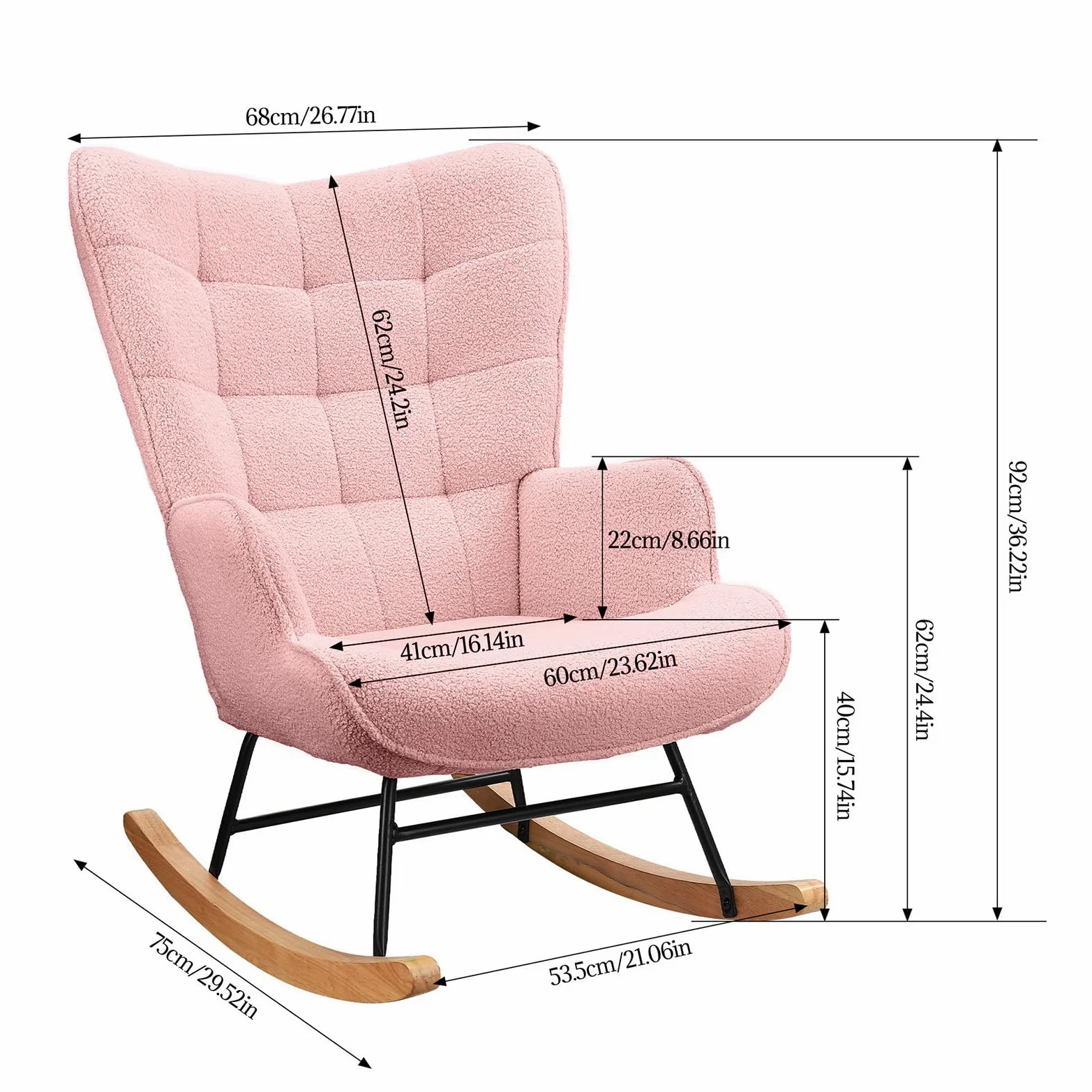 Sedia a dondolo, sedia a dondolo, imbottita, per soggiorno, camera da letto, portata fino a 130 kg, rosa, 75 x 68 x 92 cm