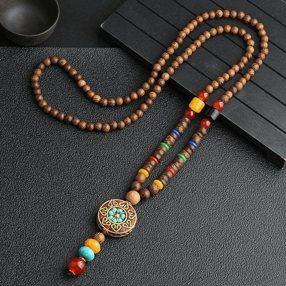 Collane di Perline in Legno Collana Vintage Etnica Fatta a Mano Nepal Meditazione Preghiera Maglione con Collana Lunga con Ciondolo
