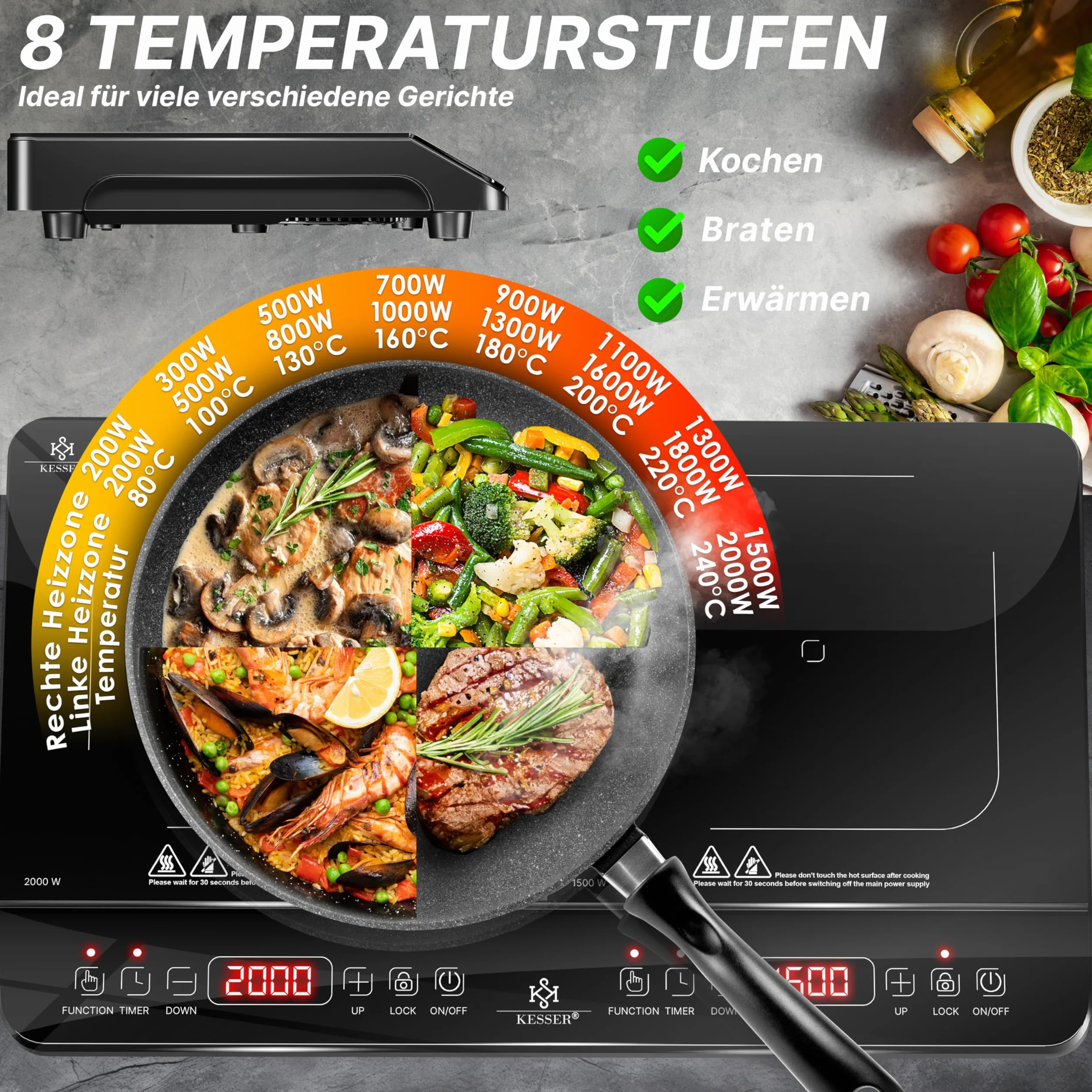 KESSER Piano cottura a induzione 2 piastre 3500W portatile 57 cm, 8 impostazioni calore, timer, touch control, booster