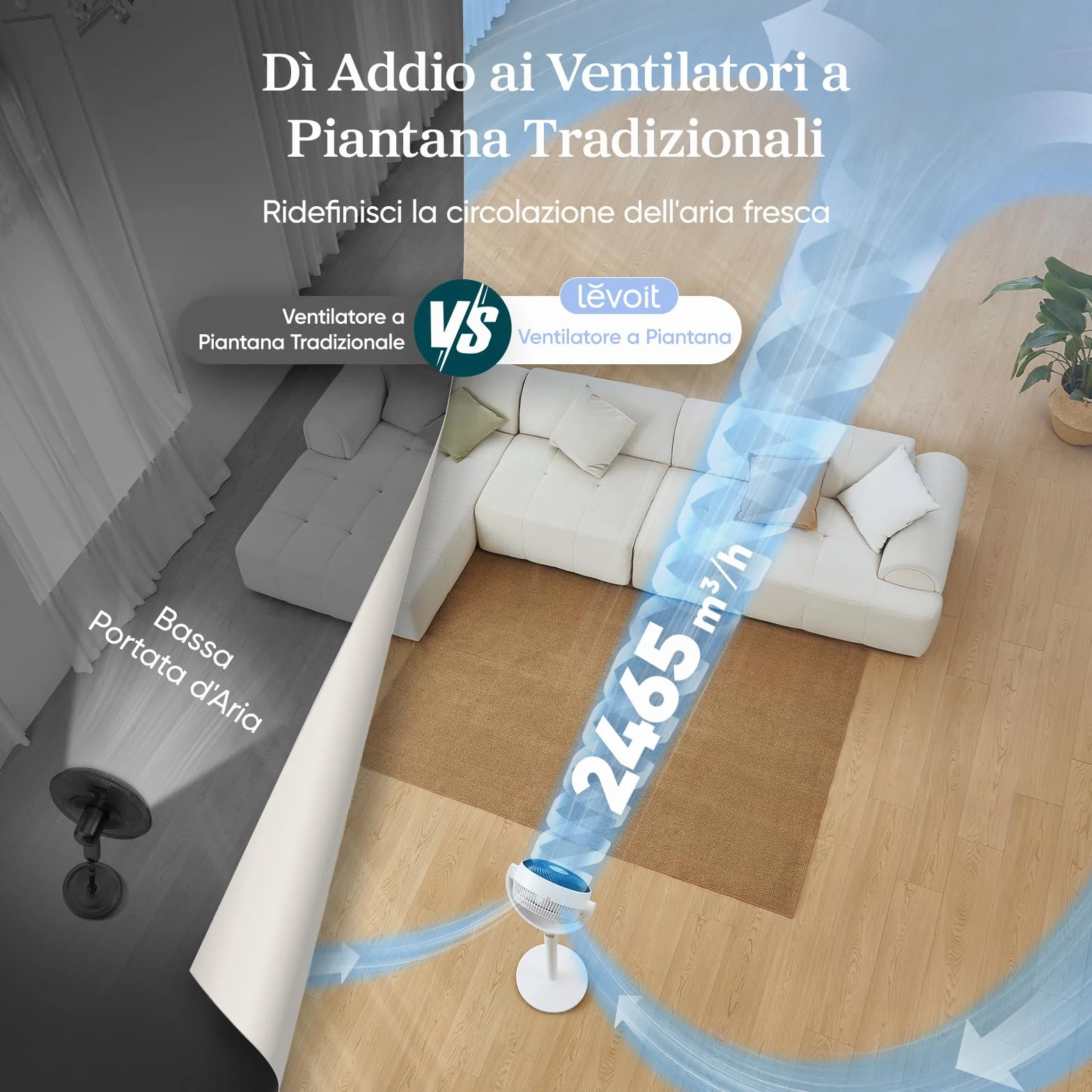 Levoit Ventilatore a Piantana 20dB, Ventilatore Silenzioso per Camera da Letto, Ventilatori da Tavolo 2 in 1 Fino a 30m, Oscillazione 90°+120° con Telecomando, 12 Velocità, 4 Modalità, Timer 12 Ore