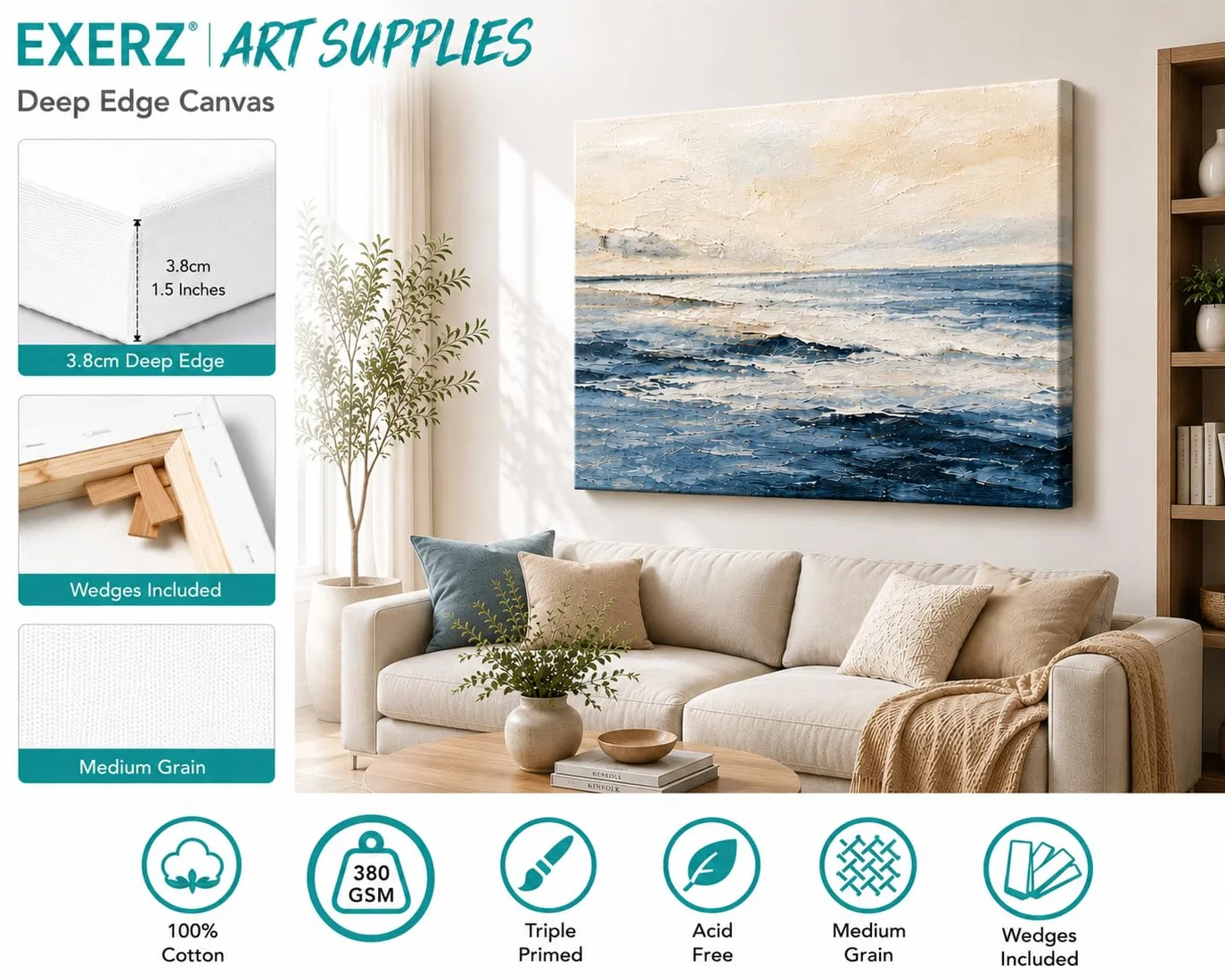 Exerz Tele intelaiate 4 Pezzi 40x50cm 3,8cm Spessore Bordo Profondo / 380GSM/ Prestirato 100% Cotone/Imprimitura/Triplo Innescato/Acido Libero/A Grana Media/Acrilici, Pittura ad Olio