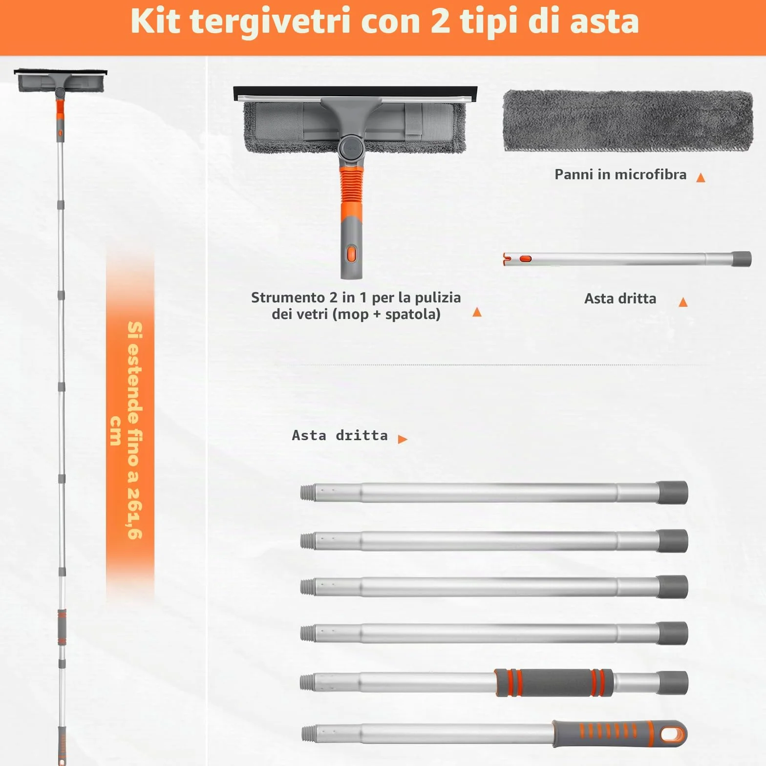Lavavetri Professionale 2 in 1 con Manico Telescopico 254cm, Panni in Microfibra