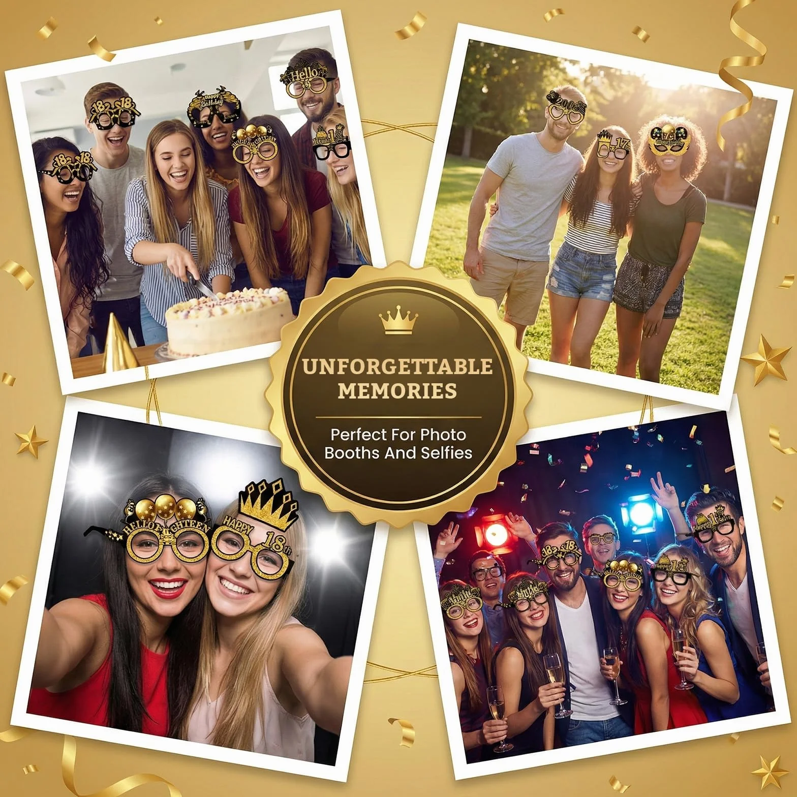 Occhiali di Carta Decorativi 18° Compleanno Nero-Oro Happy 18th Birthday Accessori Box Foto Compleanno