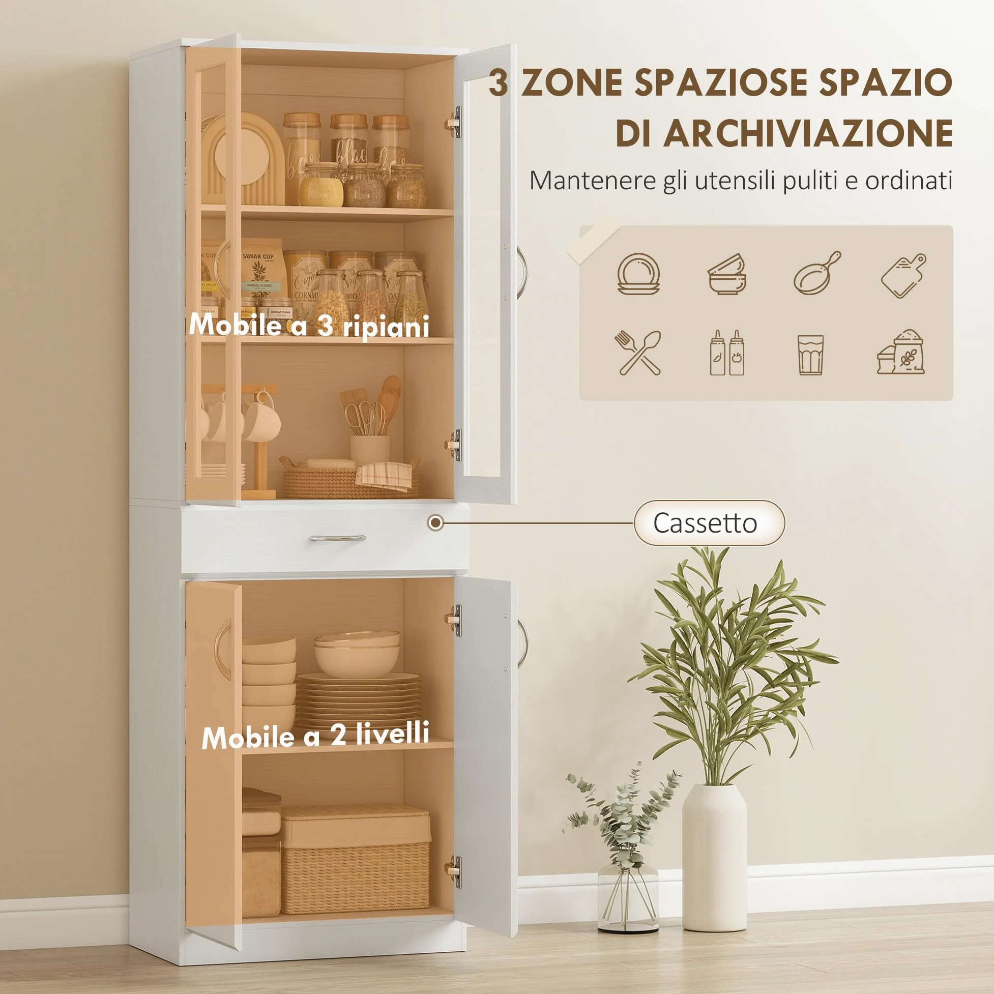 HOMCOM Credenza Cucina Alta 180cm, Mobile Dispensa con Ante in Vetro Soft-Close, Cassetto, 2 Armadietti, Ripiani Regolabili, Mobile Cucina Moderno per Sala da Pranzo Soggiorno, Bianco