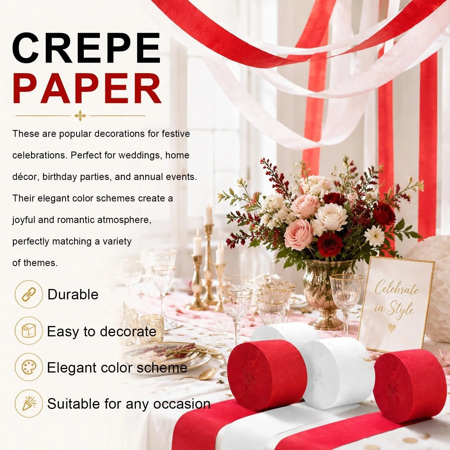 ZIJANG Carta Crespa 6 fogli 4,5 cm x 25 m bianco rosso