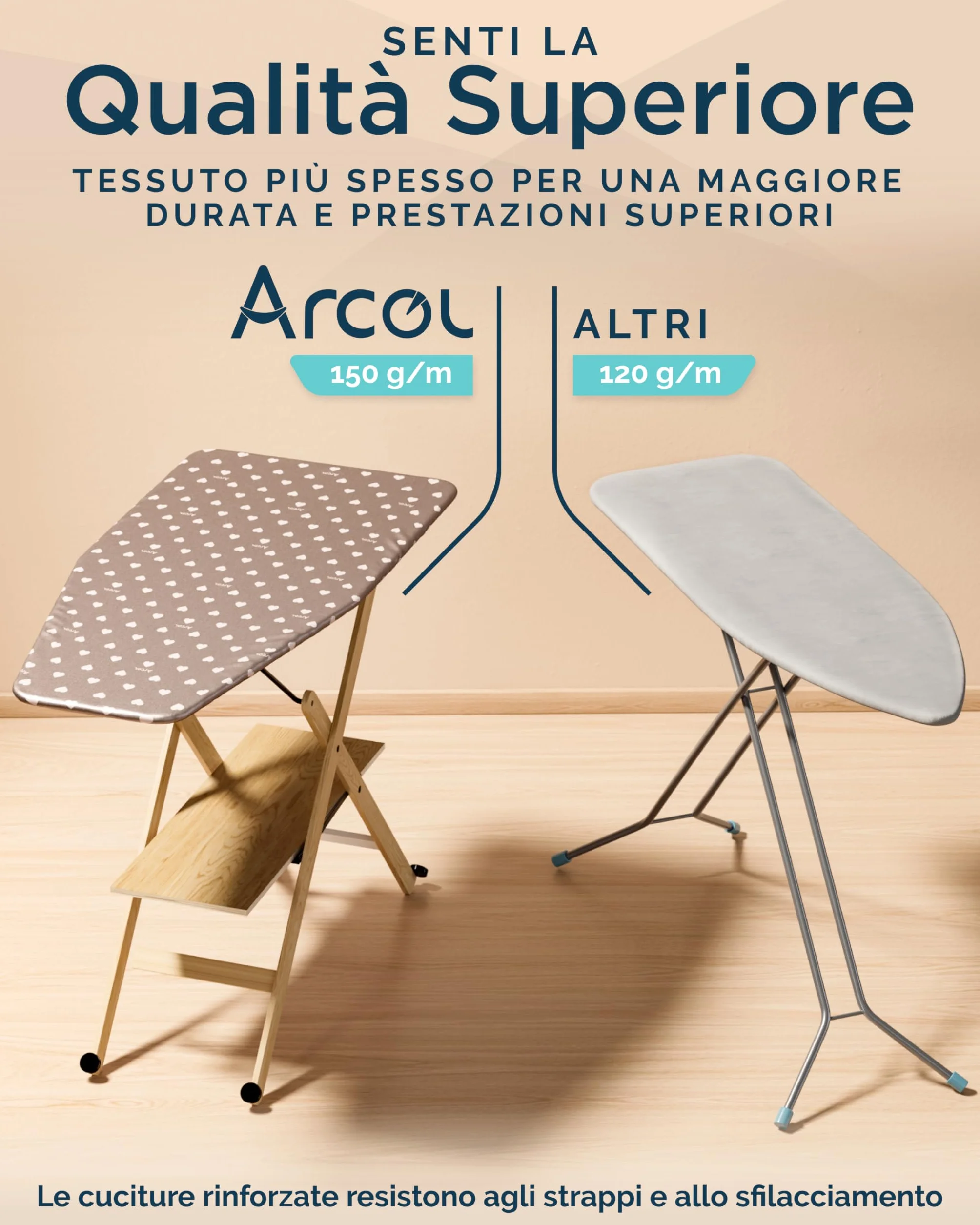 ARCOL Copriasse da Stiro ad Elastico Compatibile per Asse da Stiro Foppapedretti - Made in Italy - Ricambio Copertura asse da Stiro 100% Cotone - Telo asse da stiro (Copertina, Beige Cuori Bianchi)