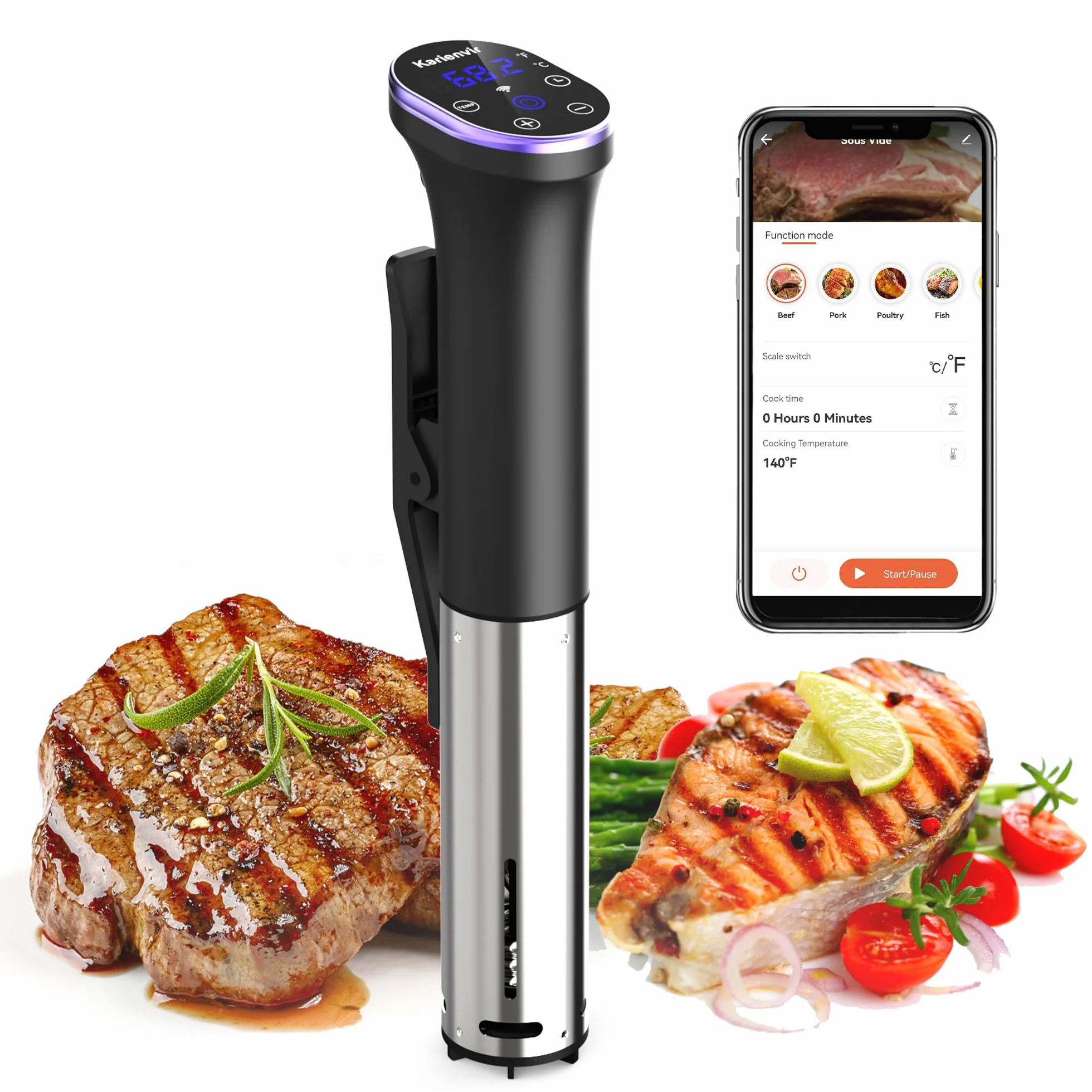 WiFi Sous Vide Roner 1100W, Wi-Fi Roner Cucina a Bassa Temperatura con Controllo APP e Controllo Accurato Della Temperatura, LED Display, Impermeabilità IPX7, 10℃-90℃