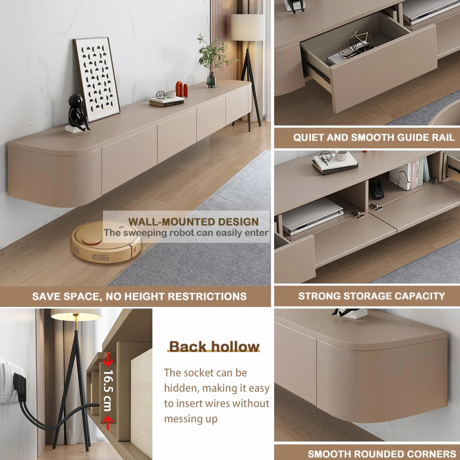 Mobile TV Sospeso Moderna | Consolle Multimediale da Parete | Grande Mobile TV con Spazio di Archiviazione per Soggiorno e Ufficio (kaki, 220cm)