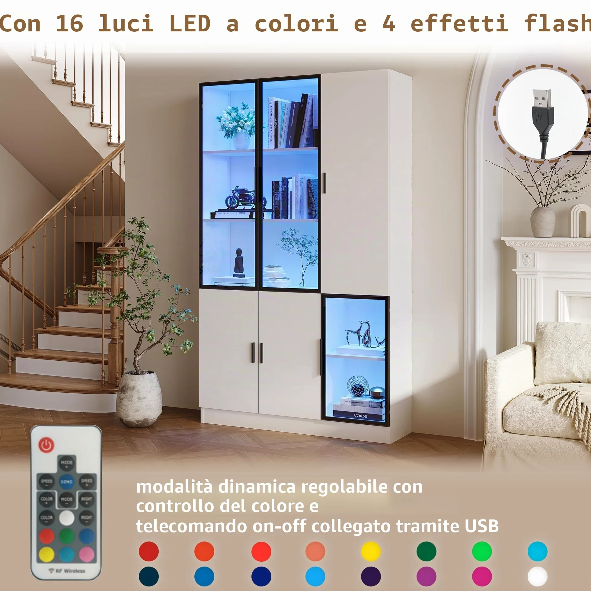 Vetrina moderna in vetro con LED, armadio alto bianco, legno e alluminio, 120 x 35 x 200 cm, 3 ante in vetro, per soggiorno, camera da letto, ufficio
