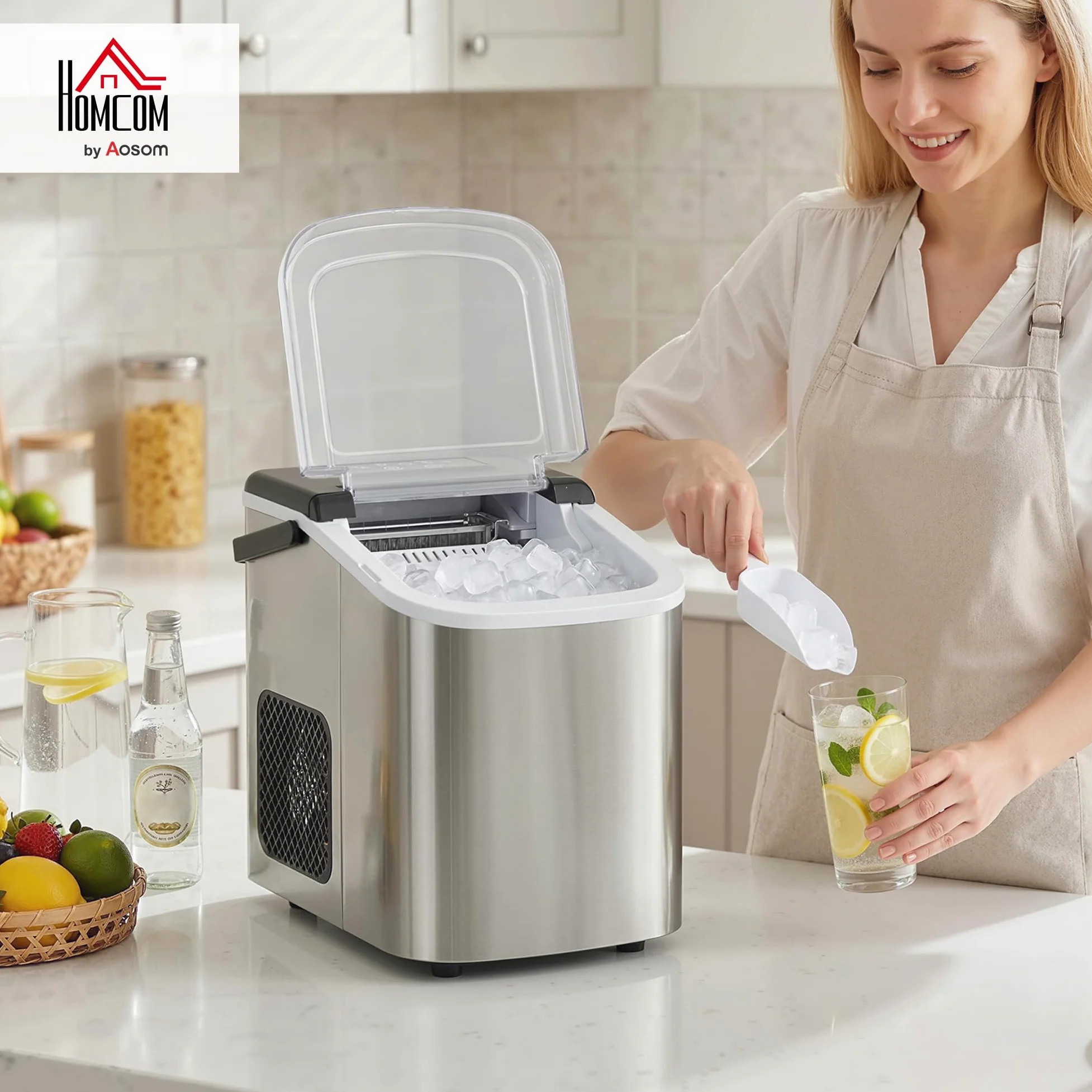 HOMCOM Macchina Ghiaccio 12kg/24h, Autopulente Macchina del Ghiaccio 9 Cubetti in 7-10Minuti, Acciaio Inox, 2 Dimensioni, Serbatoio 1.2L, Portatile, Silenzioso, Cestello Paletta, Casa Ufficio, Argento