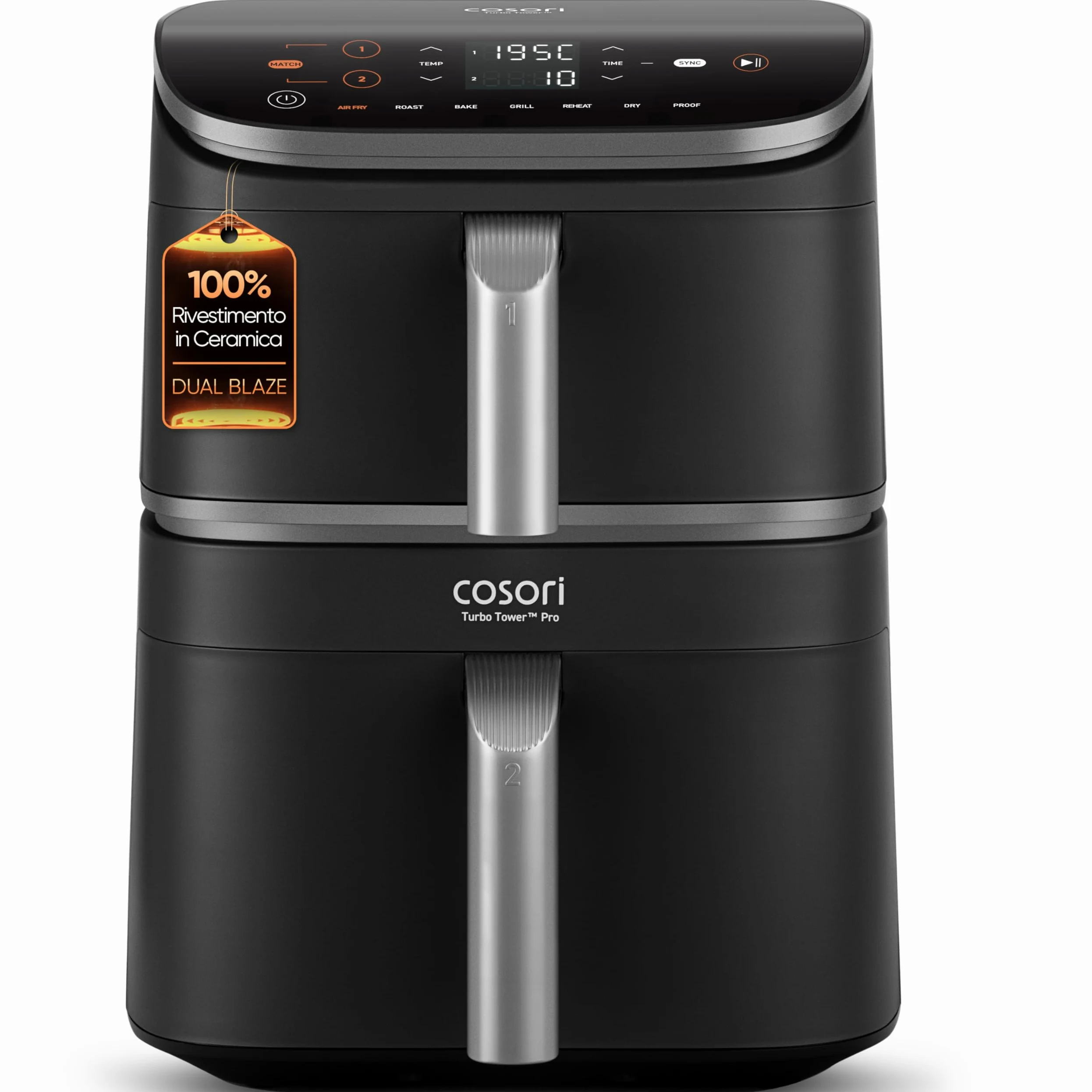 COSORI Turbo Tower Pro Friggitrice ad Aria 10,8L Doppio Cestello, Rivestimento Ceramico No PFAS, Cottura a 3 Livelli con Doppia Resistenza, 2630W, 7 Funzioni, 2 Motori DC, 50+ Ricette Online, DC112