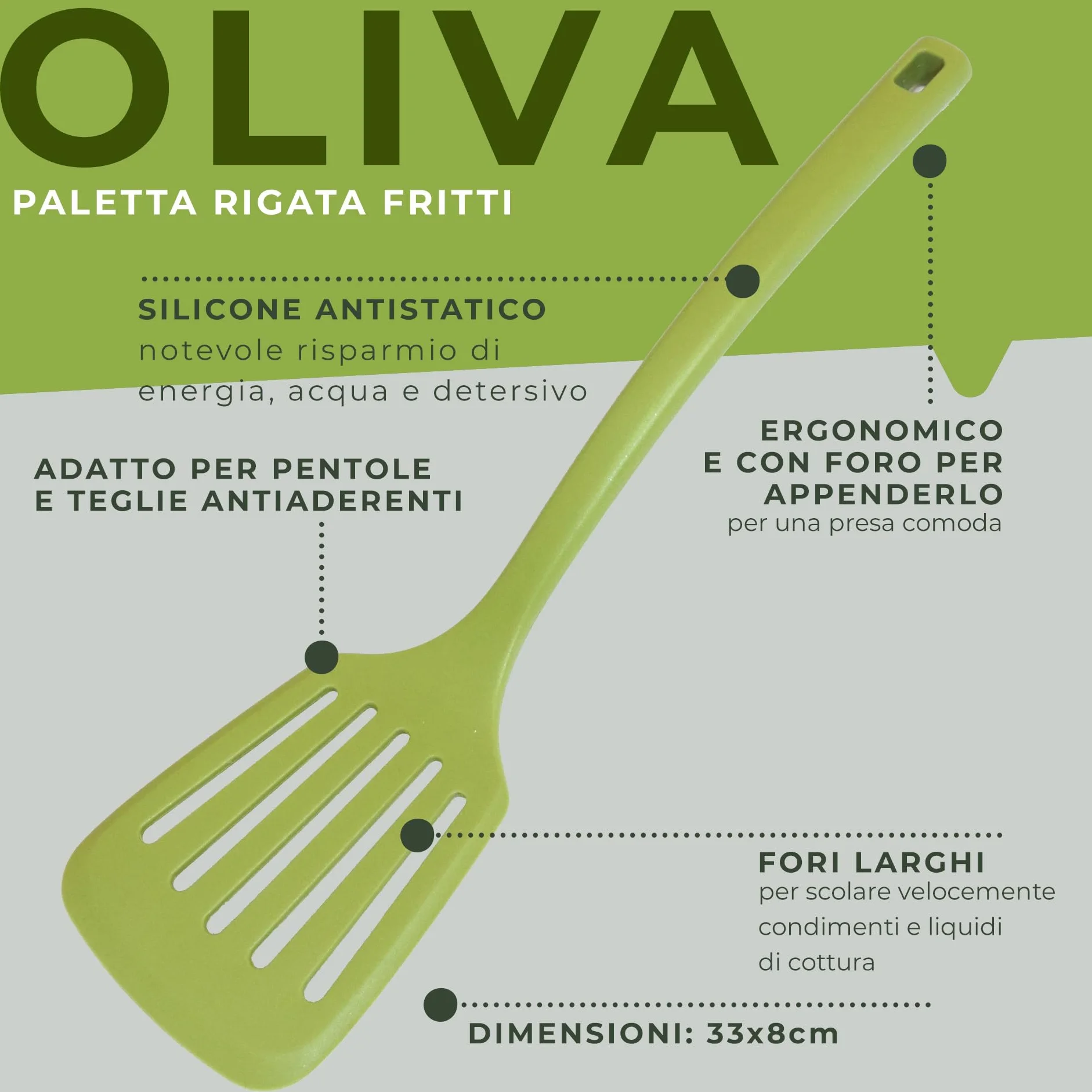 Fackelmann Paletta forata da cucina silicone antistatico 33x8,3 cm Linea Oliva