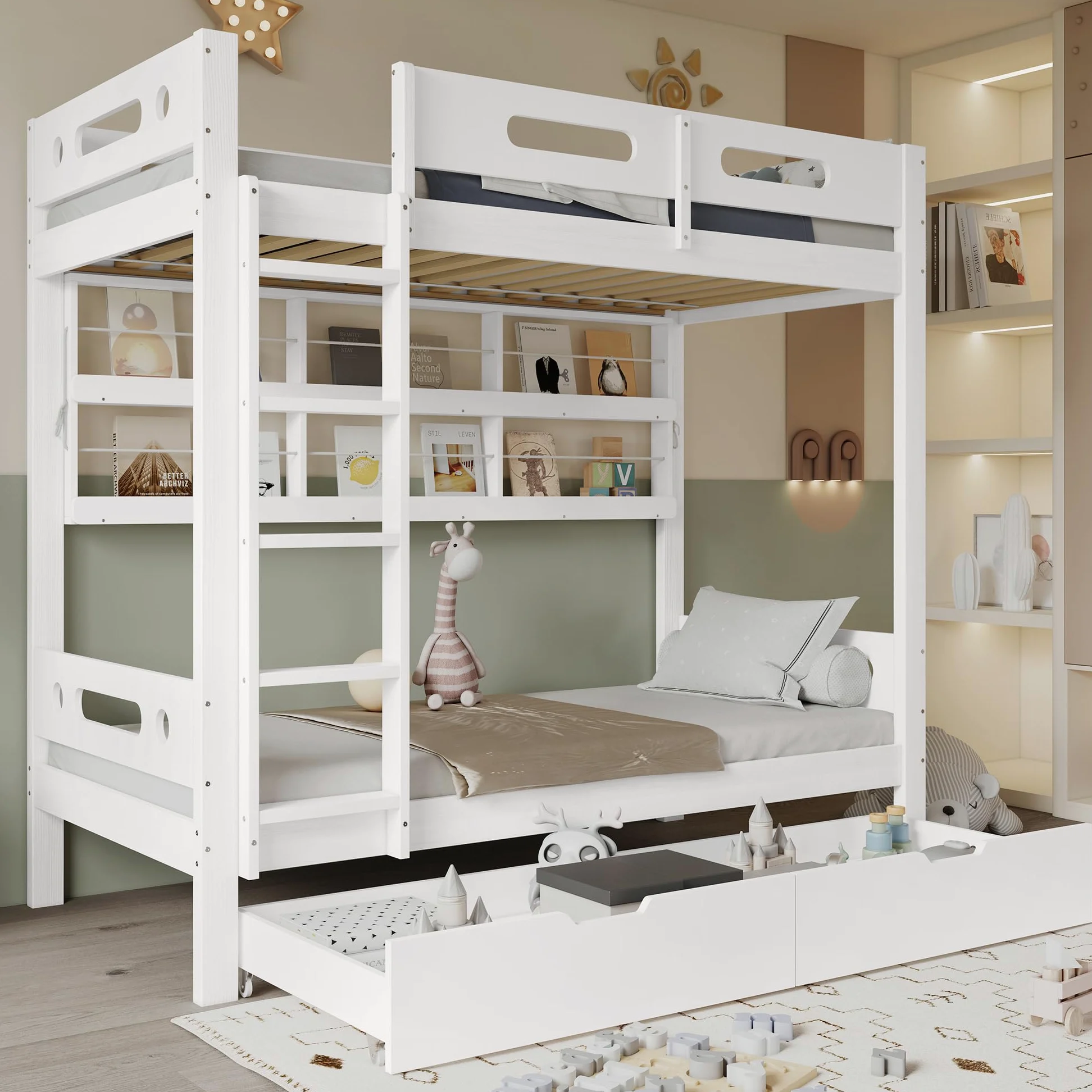Letto a castello, 90 x 200 cm, lettino con rete anticaduta, due cassetti su ruote, scaffale aperto, scala a cinque livelli, ampio spazio di archiviazione, pino+MDF, bianco