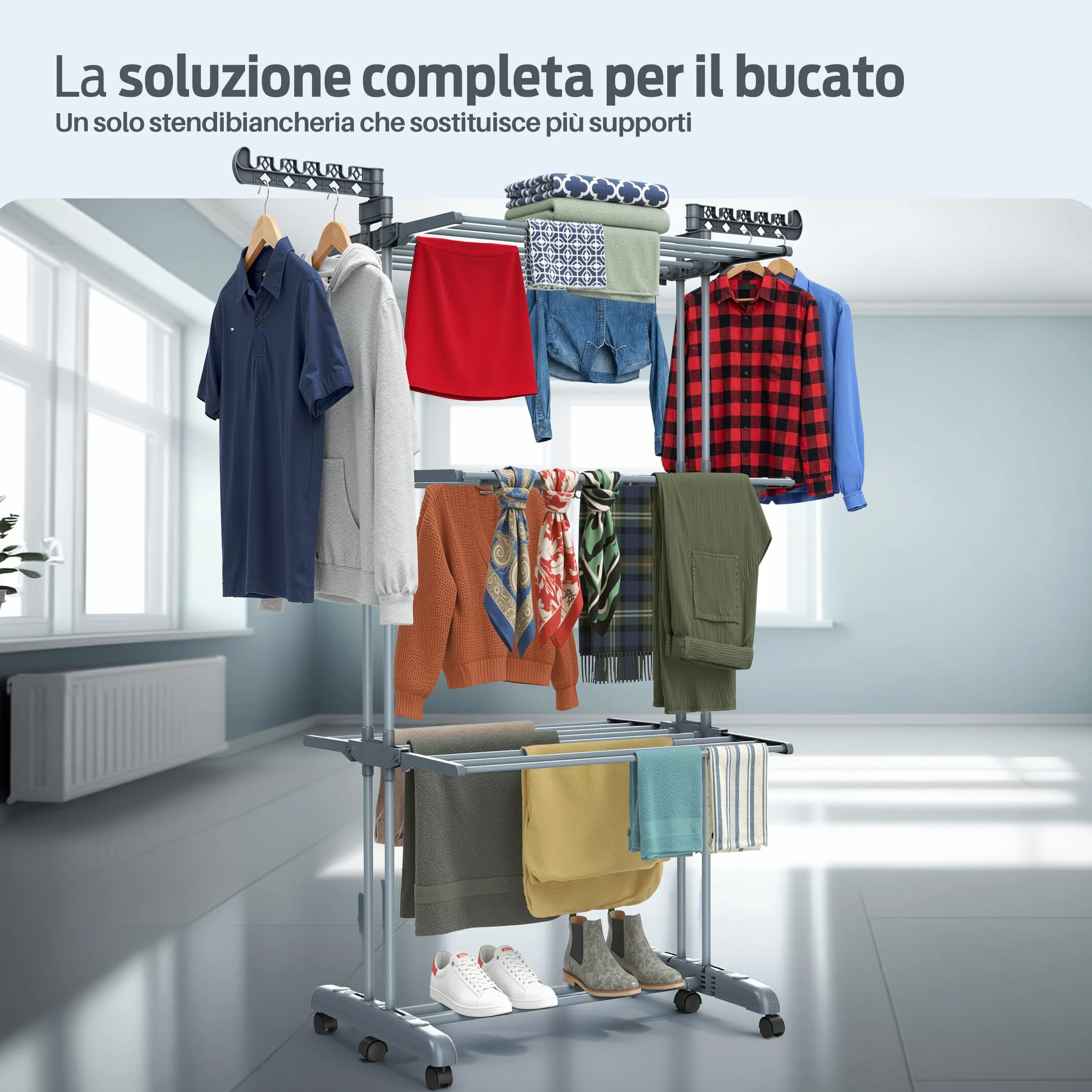 PORTENTUM Stendino verticale salvaspazio pieghevole con 4 livelli e 24 barre di stenditura – Fino a 40 kg – Stendibiancheria con 2 accessori per calzini e 2 ali laterali – Ruote girevoli con freno