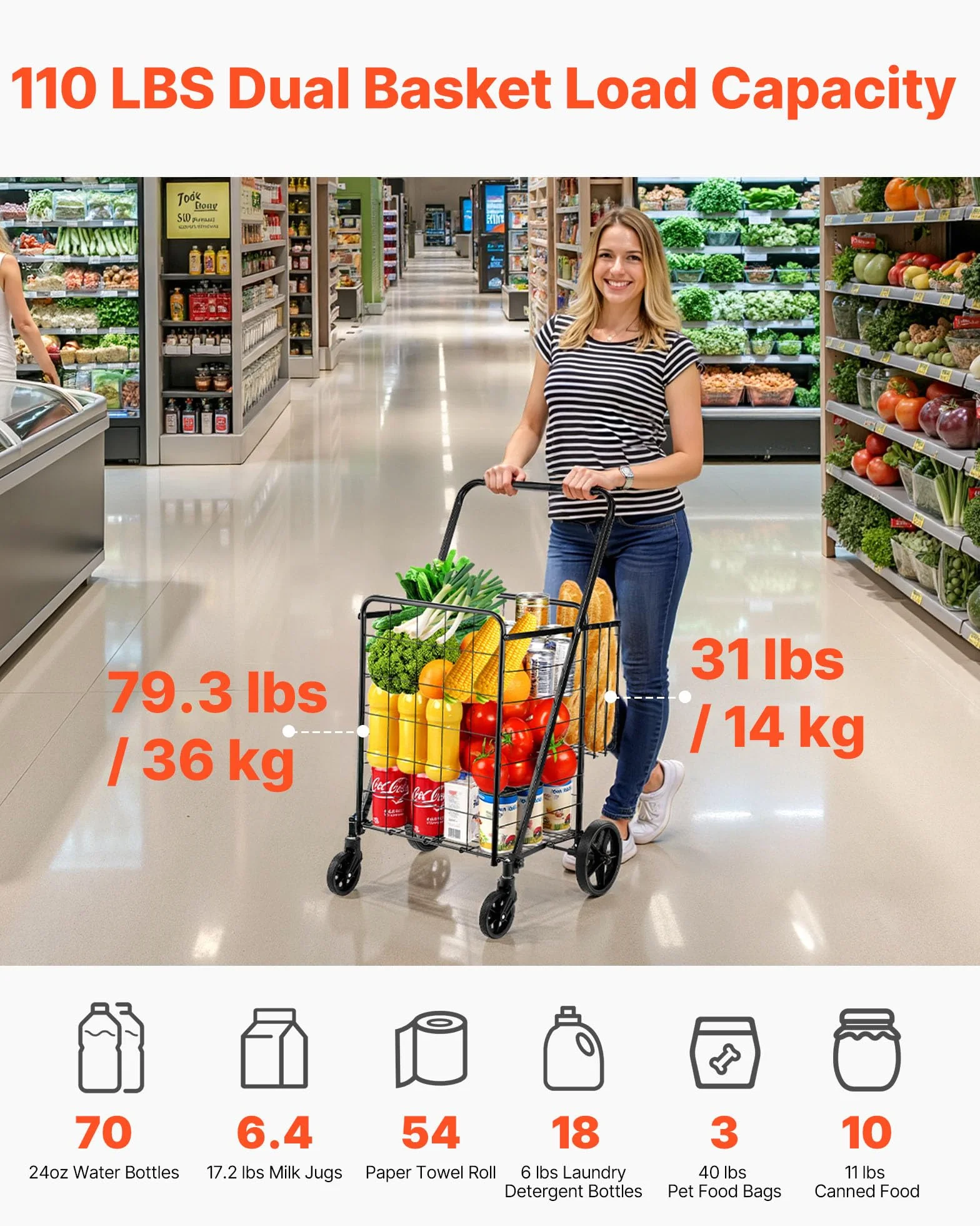 VEVOR Carrello Portabiancheria con 4 Ruote Portabiancherio di Lavanderia, Cesto Posteriore, Carico Max. 50kg, Carrello 6,21kg