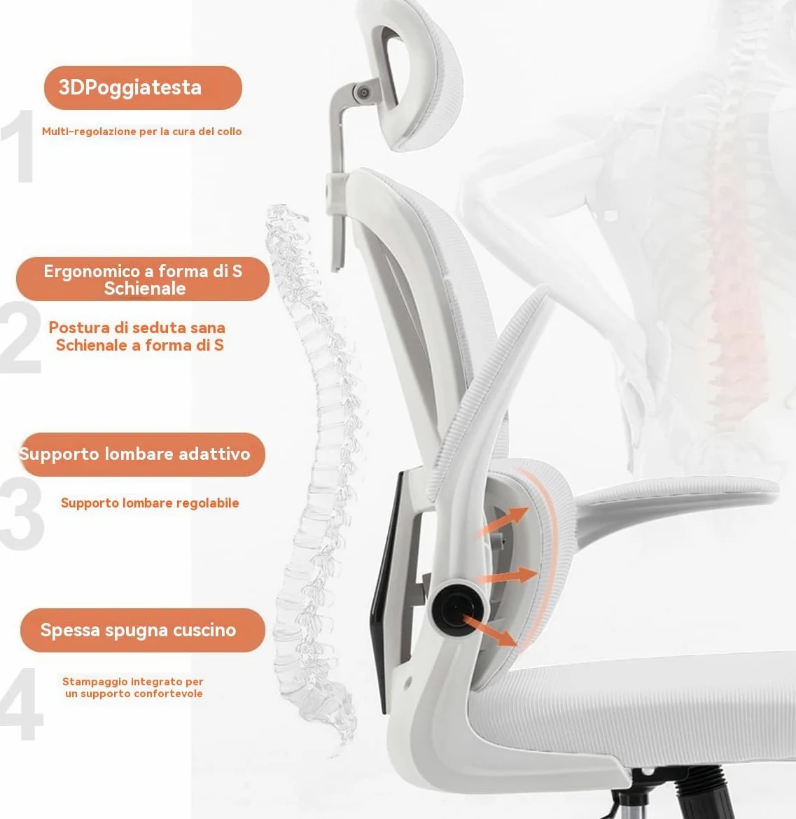 Sedia da Ufficio Ergonomica - Bianco | Sedia da Scrivania Regolabile con Schienale Alto in Rete,Supporto Lombare,Braccioli Ribaltabili | Per Ufficio Domestico,Gaming,Studio