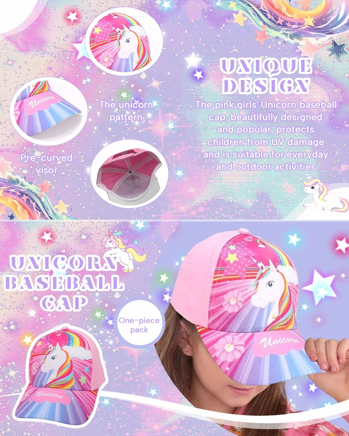 1 PCS Berretto da Baseball per Ragazze Berretto da Camionista per Bambini in Cotone Berretto con Snapback, Unicorno Rosa colorato