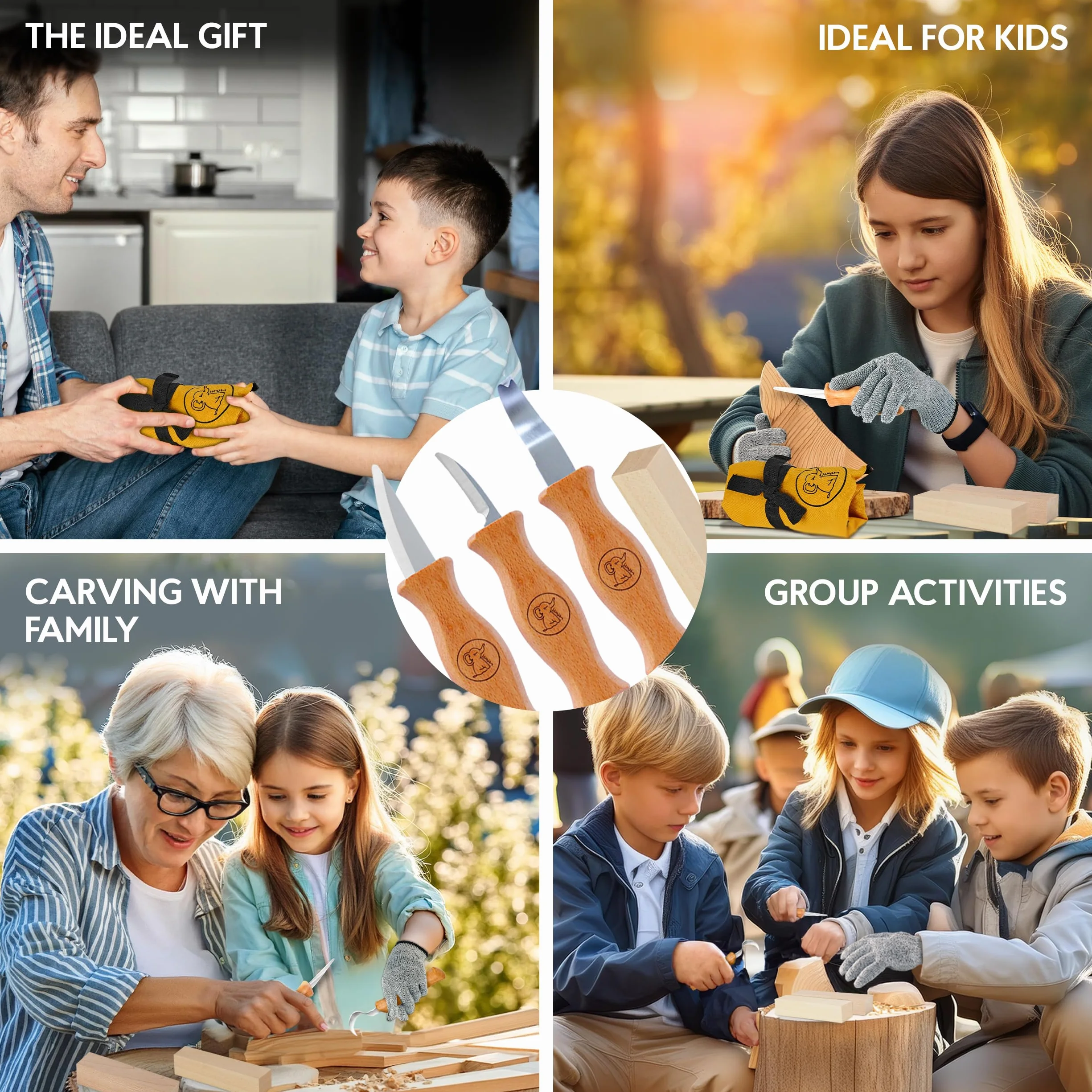 Eli®Set di coltelli da intaglio per bambini a partire da 6 anni, set di coltelli da intaglio per bambini di alta qualità da 8 pezzi, inclusi guanti, utensili da intaglio, legno di tiglio