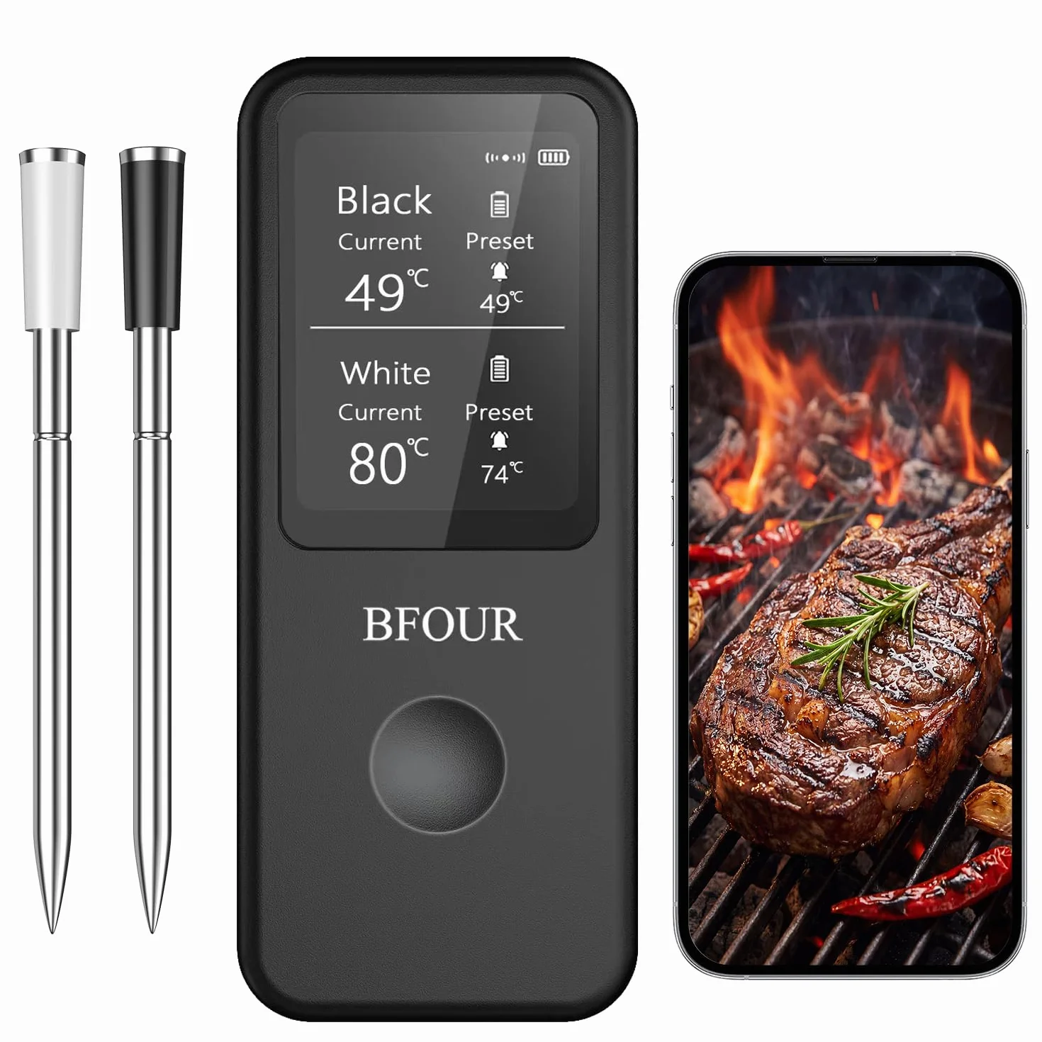 BFOUR Termometro per carne senza fili con 2 sonde, termometro per arrosti Bluetooth, digitale senza fili, per barbecue, controllo APP, precisione ± 0,5 ℃, termometro impermeabile per lavastoviglie