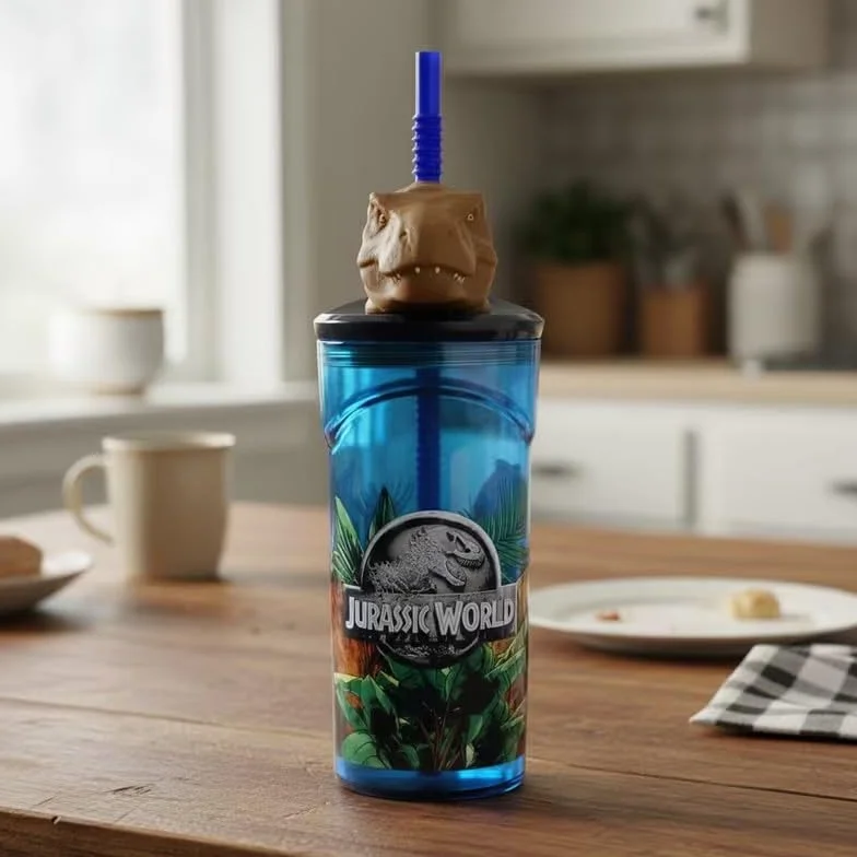 ILS I LOVE SHOPPING Bicchiere 360ml con Cannuccia e Personaggio 3D Jurassic Dinosauri BPA free Bambini