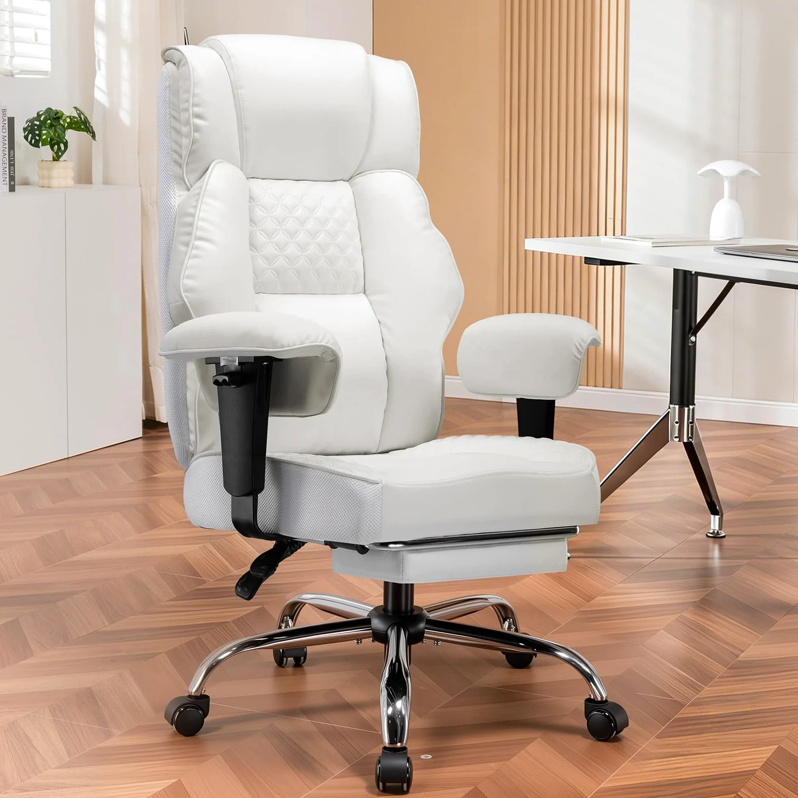 GTPLAYER Sedia da gaming, ampia sedia da ufficio con molla tascabile, sedia ergonomica per PC, regolabile e girevole con poggiapiedi, in ecopelle, 180 kg, bianco