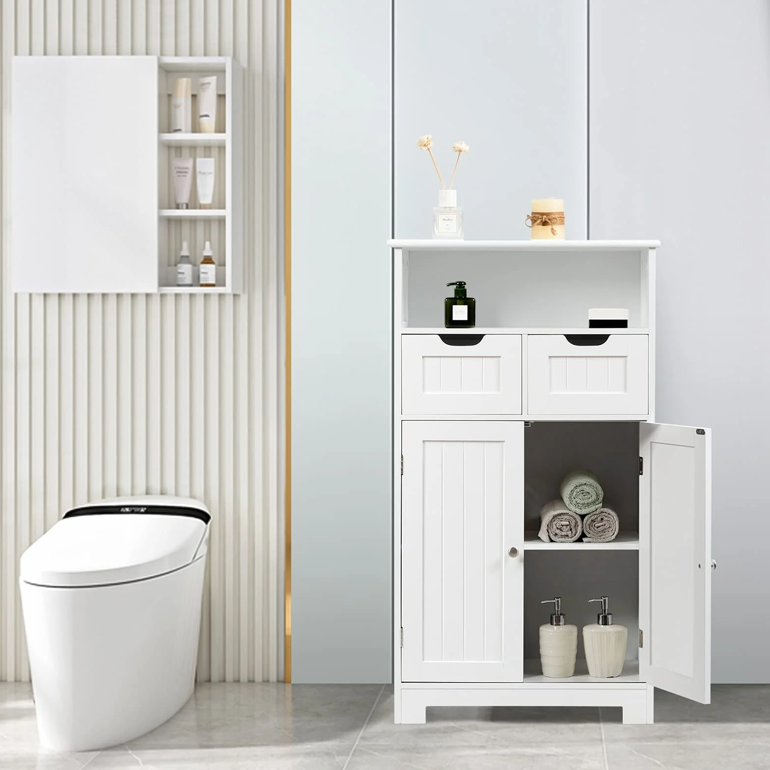 KOMFOTTEU Mobile da Bagno con 2 Cassetti e 2 Armadi a Porta, 60 x 30 x 109 cm, Armadietto da Terra Autoportante in MDF, Armadio d’Archivio per Soggiorno, WC, Camera da Letto, Cucina (Bianco)