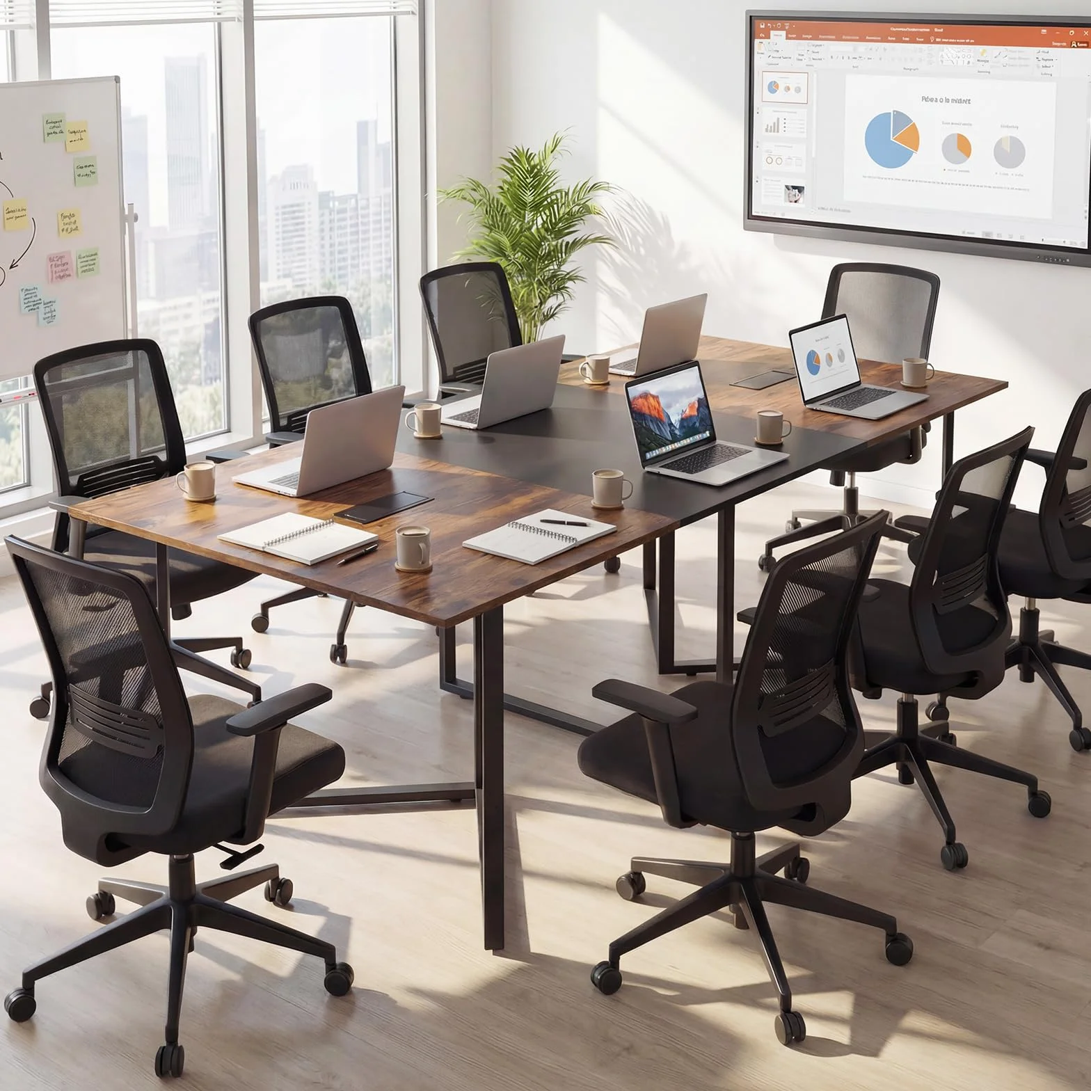 COSTWAY Tavolo da Conferenza 180 x 100 cm, Tavolo Riunioni Grande per 6-8 Persone, Postazione da Lavoro Stile Industriale con 2 Passacavi per Ufficio e Sala Riunioni