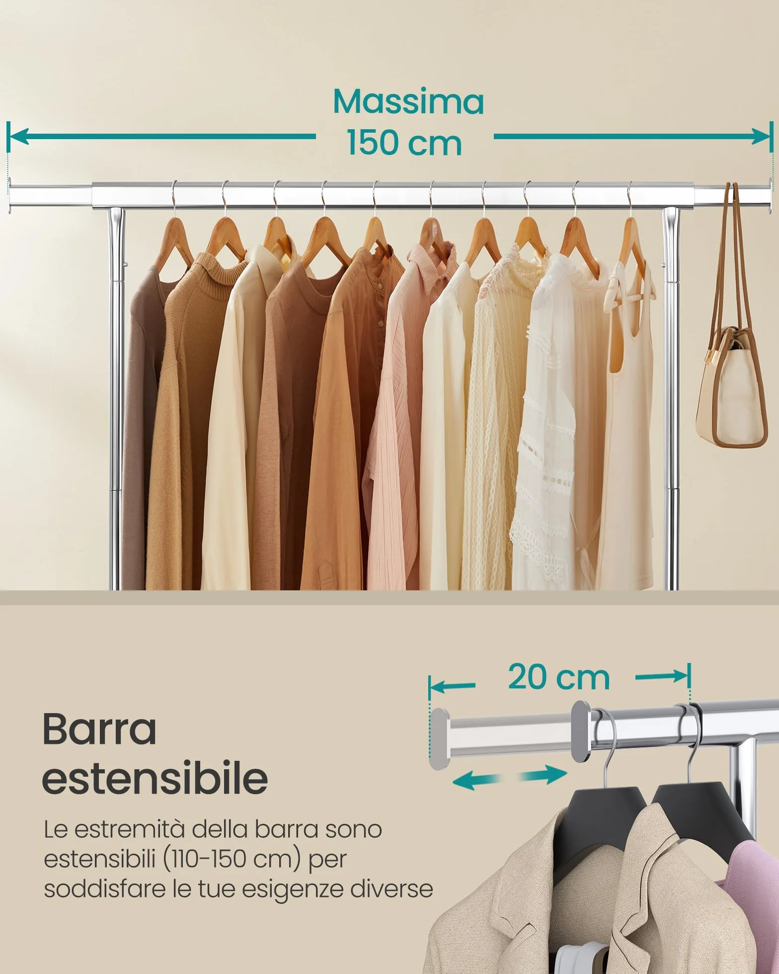 SONGMICS Stand Appendiabiti con Rotelle, Portabiti Carico Pesante, Barra Estensibile, Portata 130 kg, 45 x (110-150) x 162,9 cm, Metallo Cromato, Argento HSR11S
