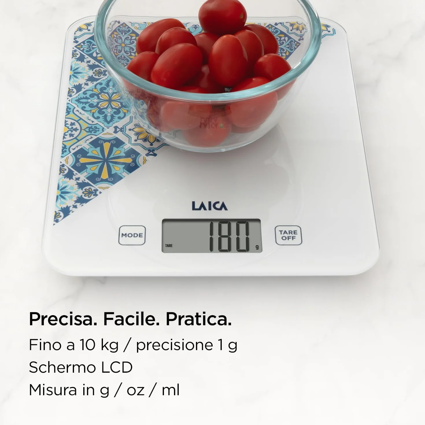 LAICA Bilancia da Cucina Digitale - Blue - Appendibile - Alta Precisione 10kg/1g - Display LCD - Funzione TARA - Calcola il Volume dell'Acqua - Vetro Temperato - Italian Design